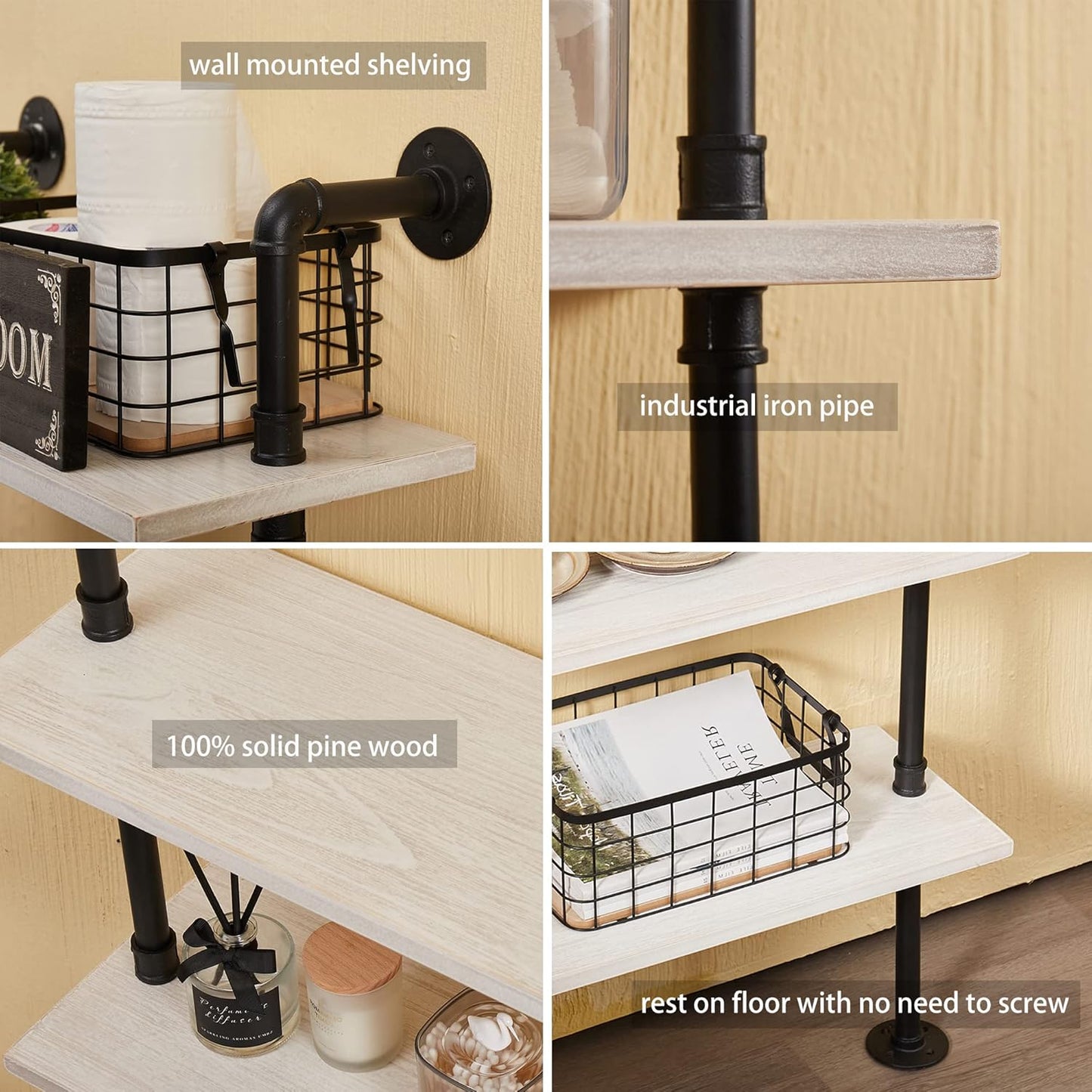 6 Tier Industrial Ladder Shelf Bookcase, Wall Mounted Rustic Bookshelf for Living Room Decor and Storage (White, 6 Tier - 10" D x 36" W x 82.5" H)