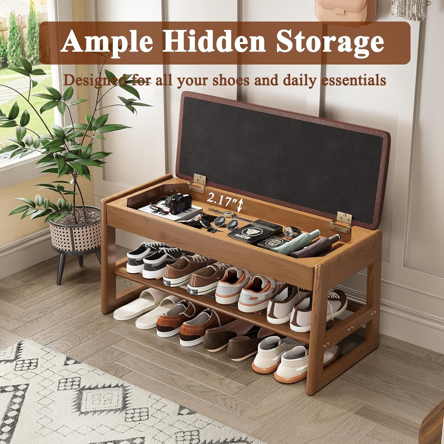 Shoe Rack Bench Seat Rubberwood 2-Tier Wooden Storage Bench 550lbs Compact Mid-Century Modern Design for Entryway, Hallway, Closet, Front Door Entrance, Foyer