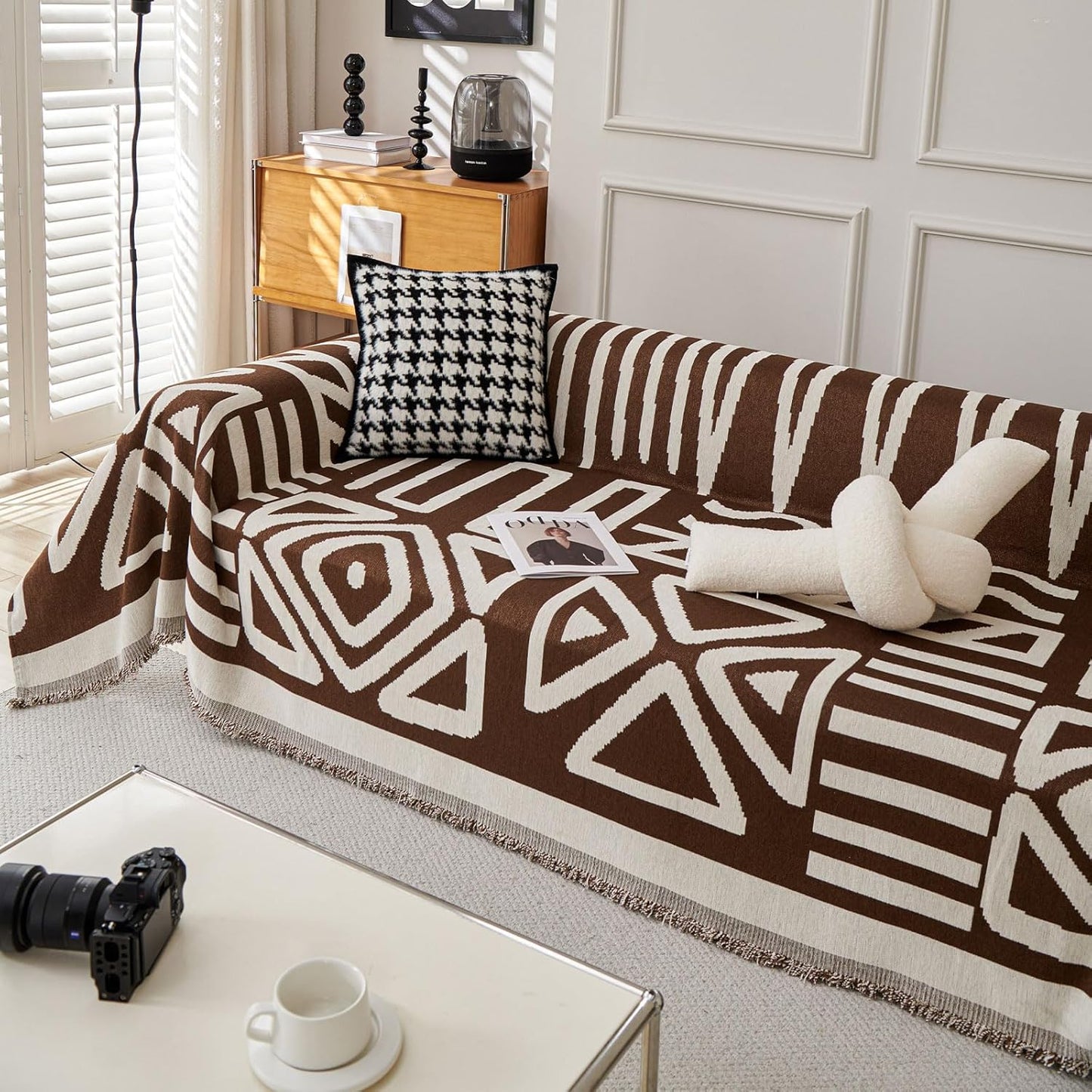 STACYPIK Reversible Boho Chocolate Sofa Cover Durable Couch Cover for 1 Cushion Couch Sofa Cover for Dogs Non Slip Jacquard Geometric Pet Armchair Cover with Tassels Sofa Protector Blanket-71X71IN