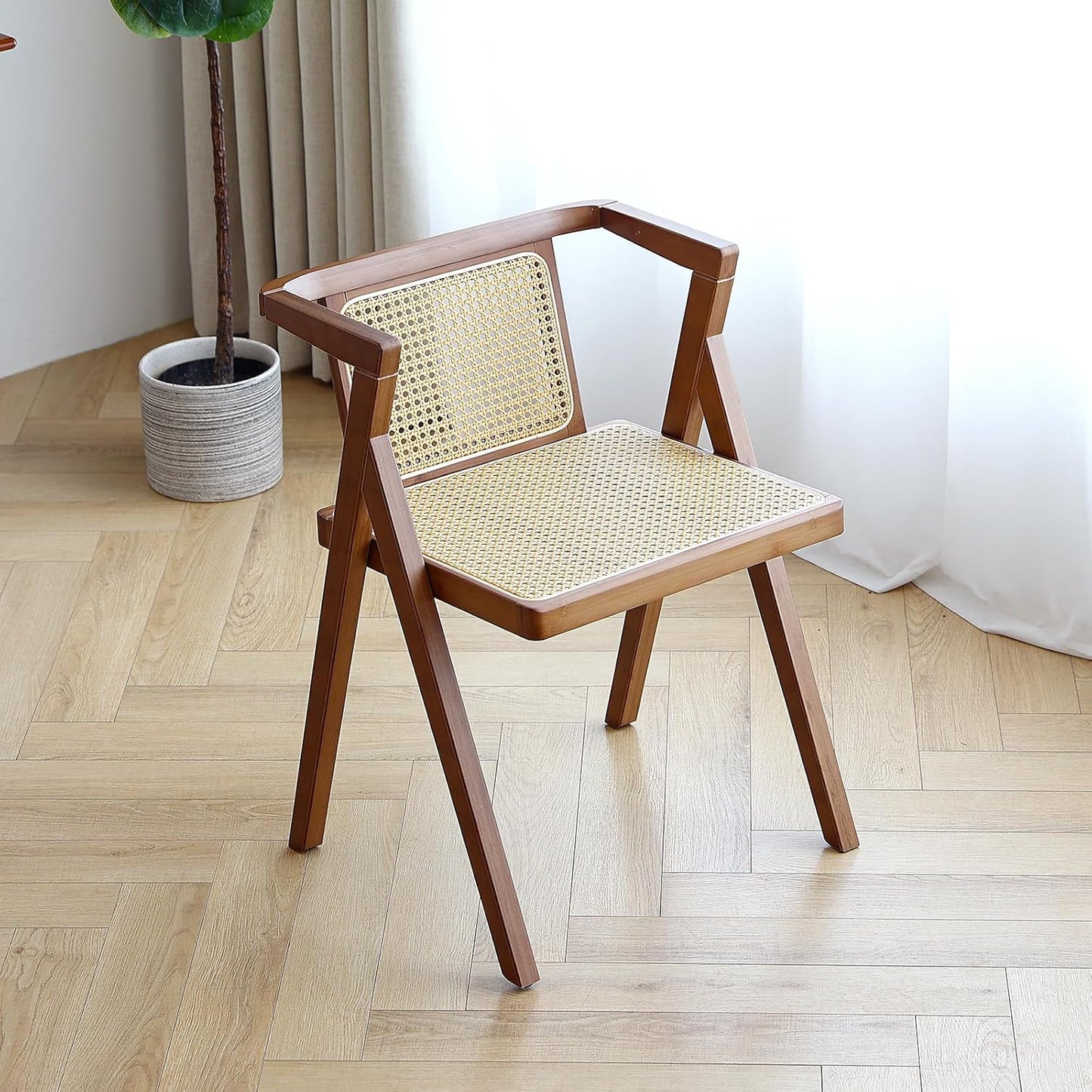 Rattan Dining Chair, Mid-Century Accent Armchair, Wicker Chair, Outdoor Bamboo Chair for Dining Room, Living Room, Bedroom, Kitchen, Walnut