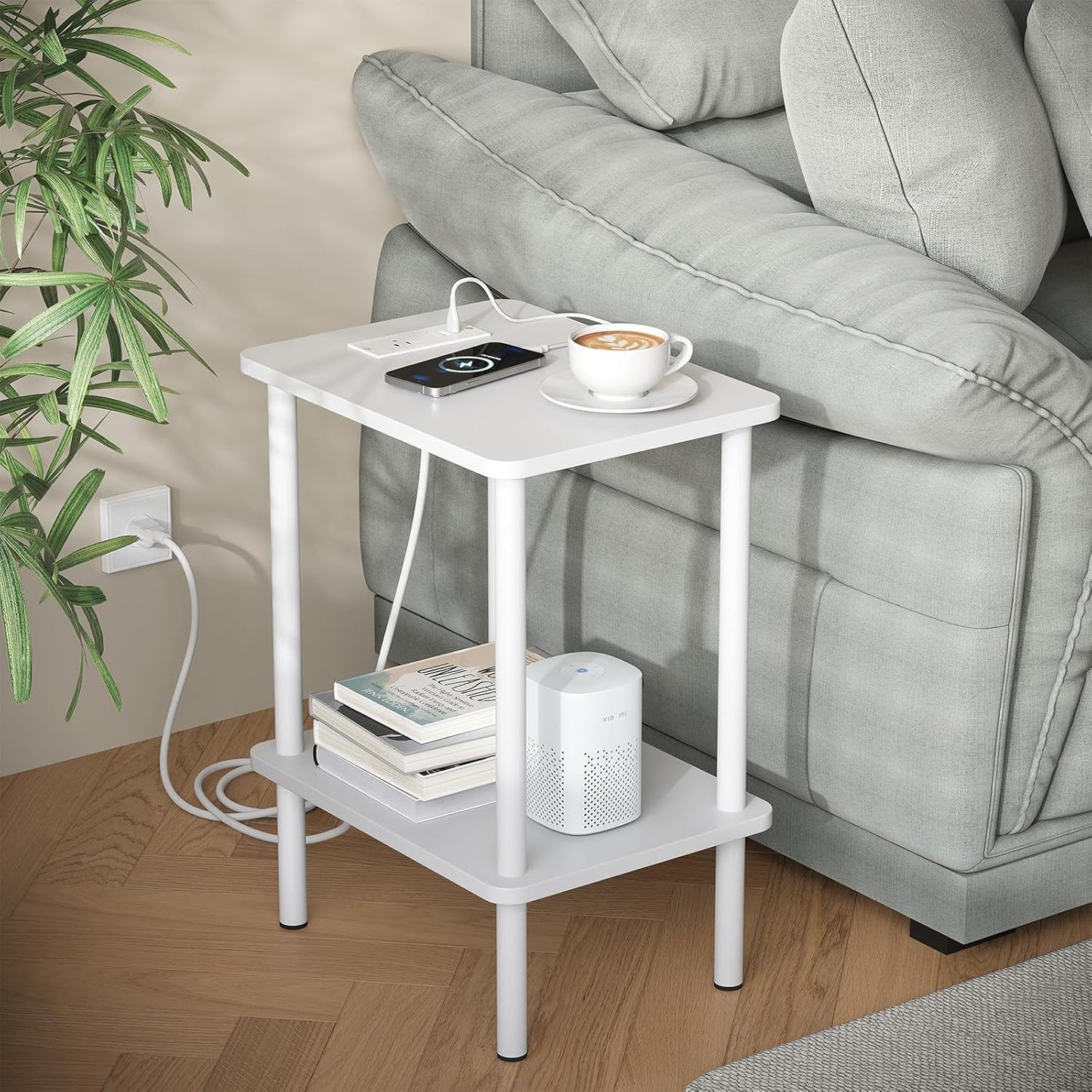 Apicizon 2 Tier End Table, Small Side Table with Charging Station, Boho Bedside Table with USB Ports and Outlets, Nightstand for Small Spaces, Bedroom, Living Room, Entryway, Easy Assembly, White