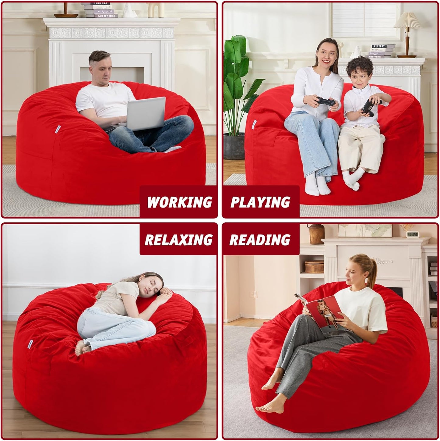4FT Bean Bag Chair with Ultra Soft Velvet Cover Bean Bag Sofa with Memory Foam Bean Bag Chairs with Large Size Lazy Sofa for Dorm Office Living Room Bedroom Red 4'