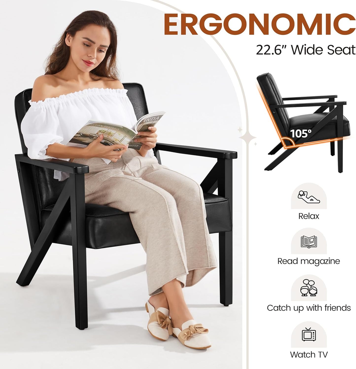 Yaheetech Accent Chair, Armchair with Strong Wood Frame, PU Leather Modern Retro Lounge Chair for Living Room/Lounge/Office/Reception Area, Black