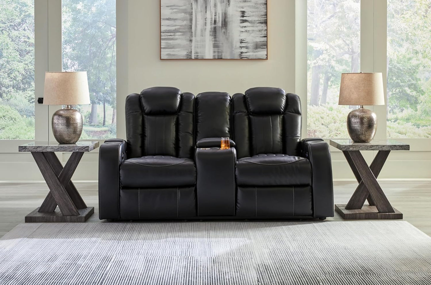 Signature Design by Ashley Caveman Den Modern Faux Leather Power Reclining Loveseat with Console, Adjustable Headrest and LED Lights, Black