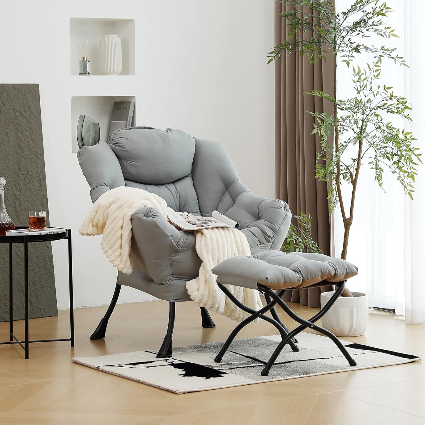 Lazy Chair with Ottoman, Modern Chair with Folding Footrest, Lounge Accent Chair, Comfortable Reading Chair (Light Grey)