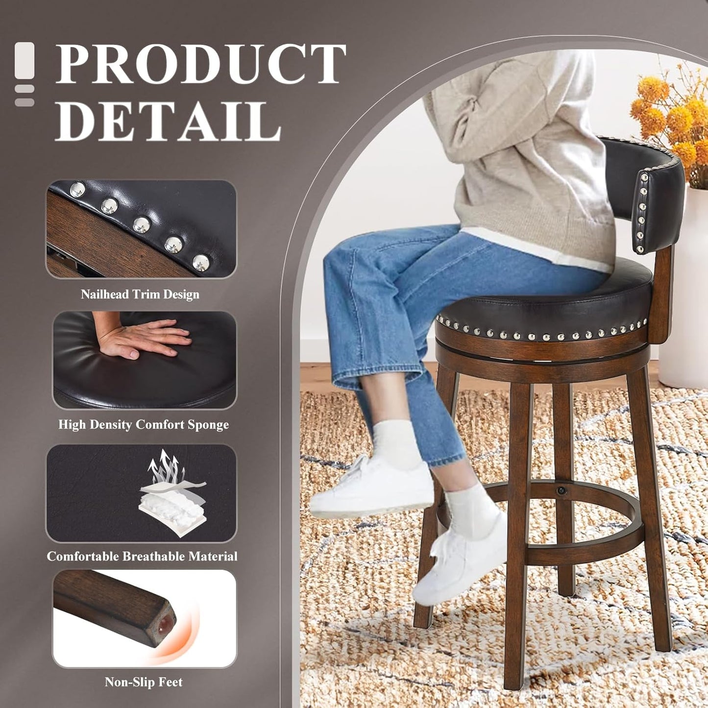 COLAMY Swivel Bar Stools Set of 2, 30 Inch Swivel Bar Height Bar Stools, Wood Swivel Barstools with Back, Modern Upholstered Wooden Barstools for Kitchen Island Dining Room Bar, Dark Brown