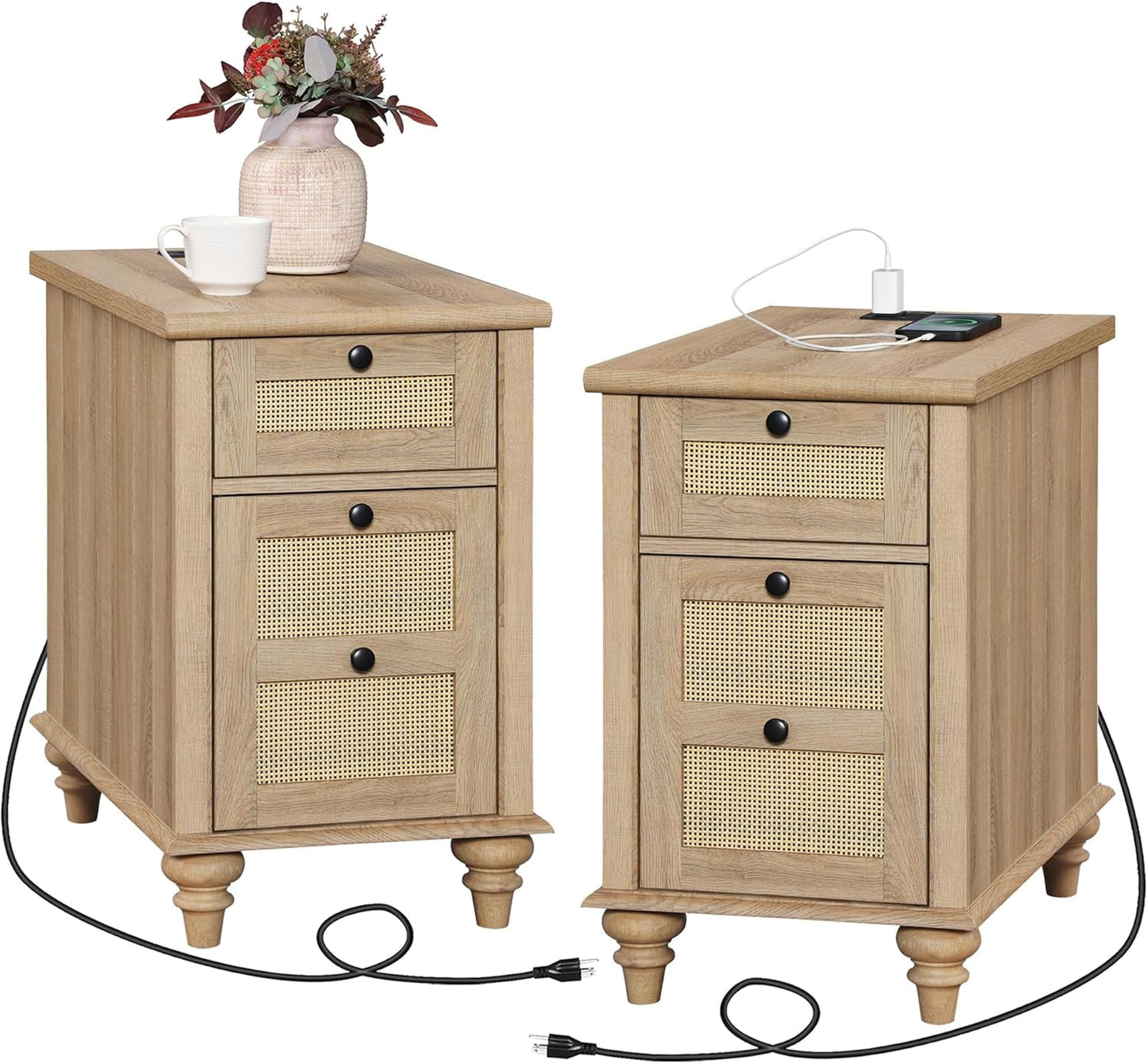 WAMPAT Set of 2 Rattan End Tables with Charging Station, Tall Side Tables Nightstand with Drawer & Storage Cabinet, Light Wood Bedside Table for Bedroom & Living Room, Burlywood
