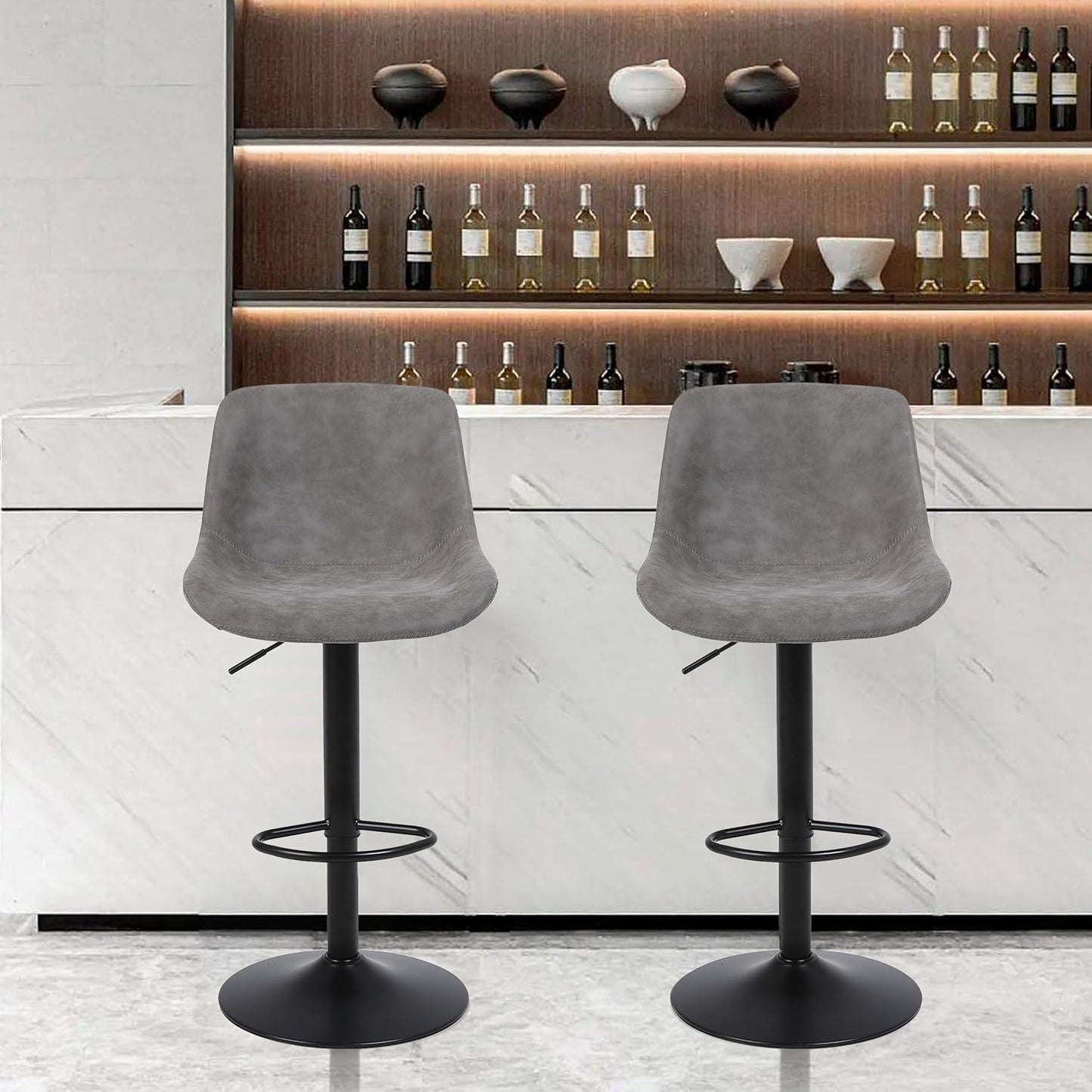 Bar Stools, Swivel Counter Height Barstools with Back, Adjustable Modern Bar Chairs, Tall Armless PU Leather Kitchen Island Stool (Grey, Set of 1)