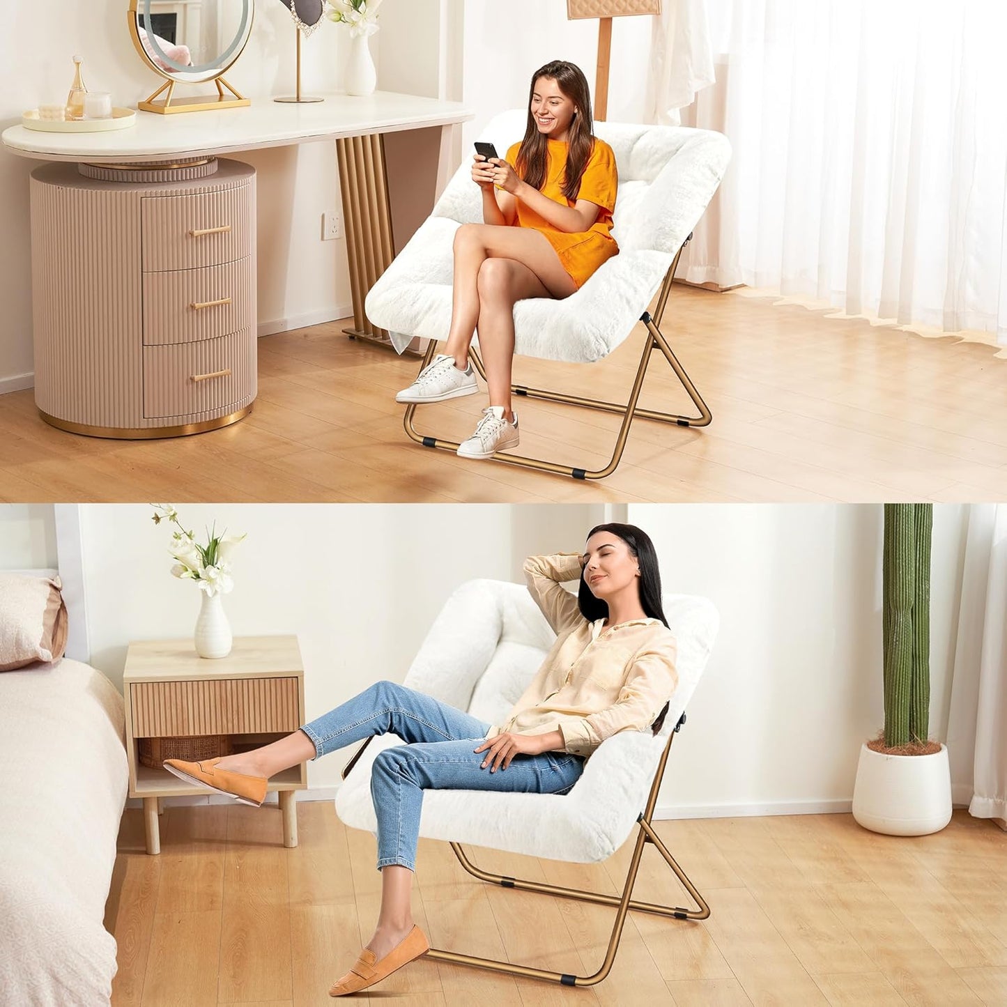 Comfy Saucer Chair for Adults, Foldable Living Room Chairs, Soft Faux Fur Lounge Chair for Bedroom, Reading Chairs, X-Large (Ottoman-White)