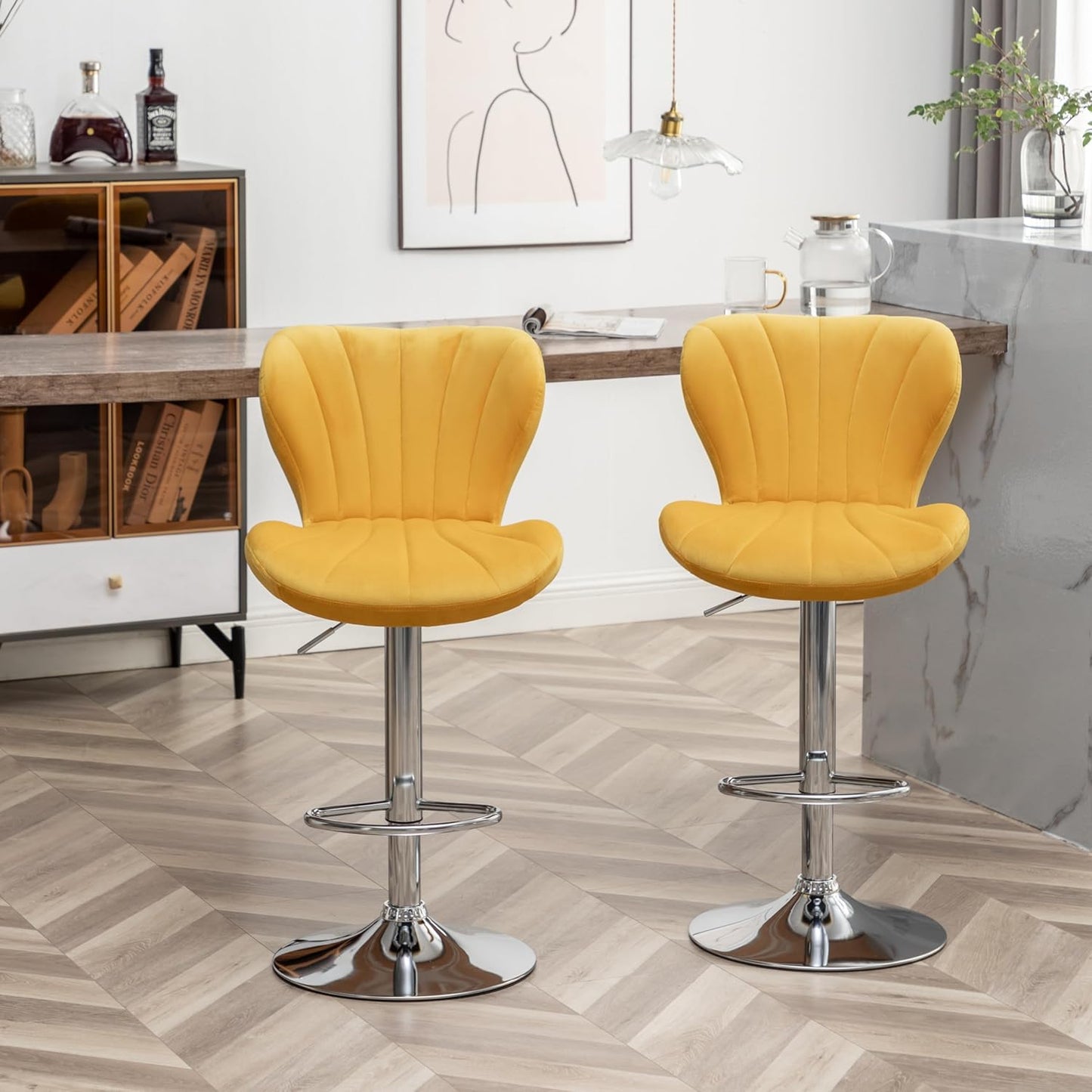 Roundhill Furniture Ellston Velvet Adjustable Swivel Barstools in Yellow, Set of 2