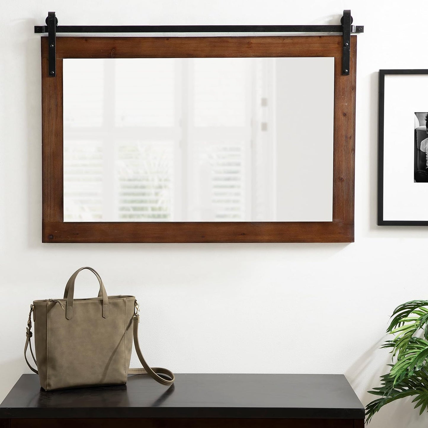 Kate and Laurel Cates Farmhouse Horizontal Wood Framed Wall Mirror; 38 x 27; Walnut Brown; Barn Door-Inspired Decorative Hanging Mirror for Wall Decor