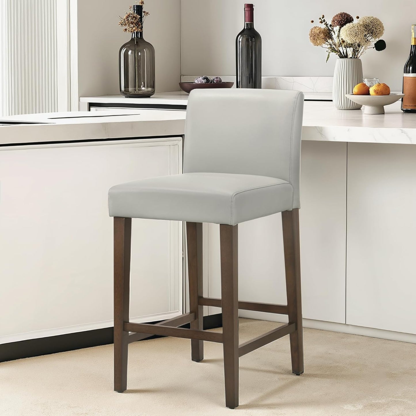 CHITA Counter Height Bar Stools Set of 2, 27" H Seat Height Upholstered Barstools, PU Leather in Creamy Grey