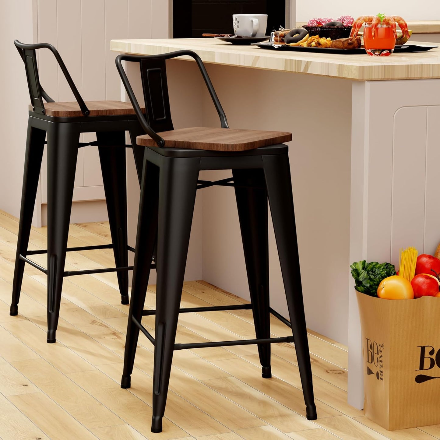 26 Inch Swivel Bar Stools Set of 2 with Backs Counter Height Industrial Metal Barstools Island Bar Chairs for Home Kitchen Dining Room (Swivel 26 inch,Matte Black Wooden)