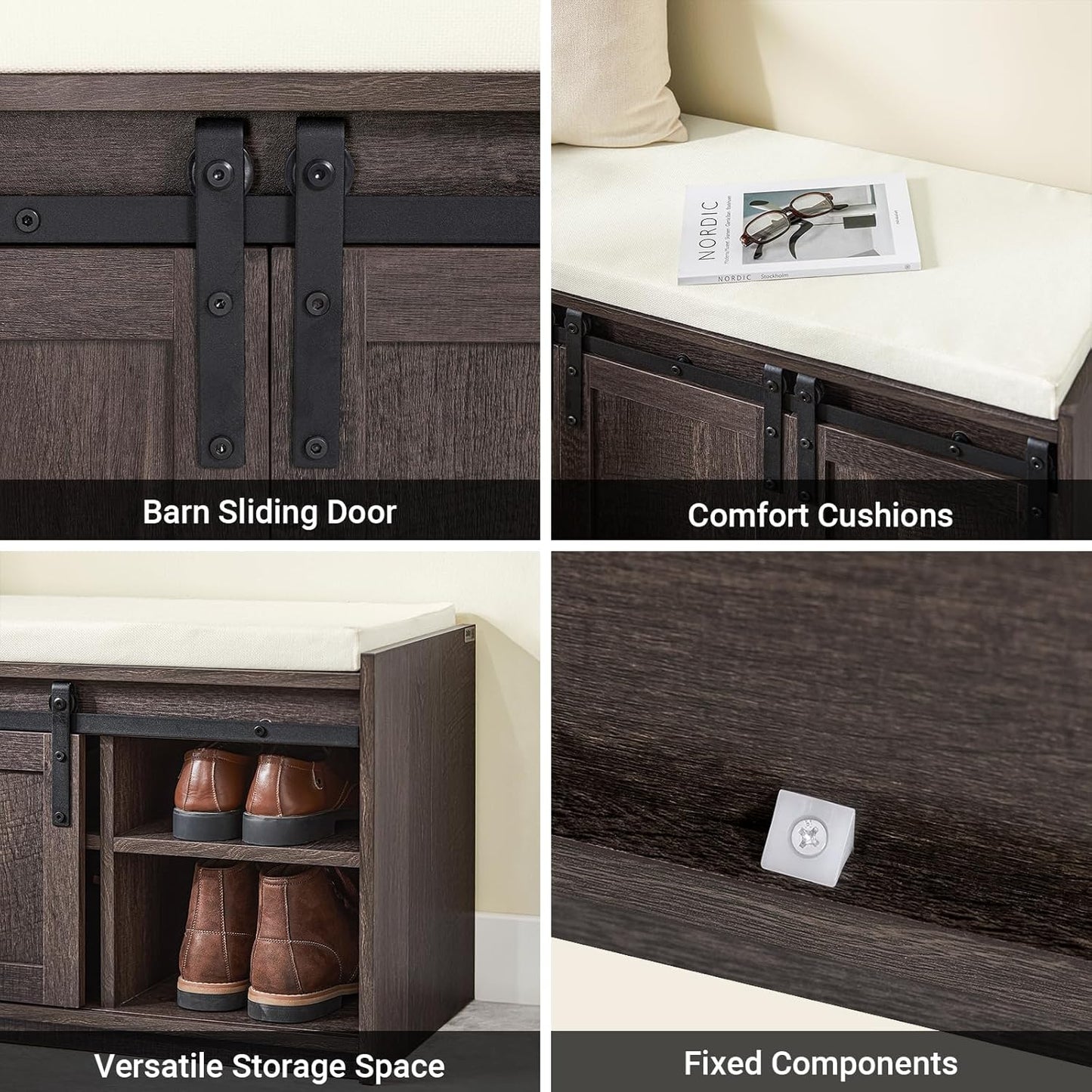 Haotian Industrial Style Shoe Storage Bench, Entryway Hallway Shoe Cabinet, Sliding Barn Doors, Drawer & Padded Seat Cushion, Rustic Window Bench for Mudroom (Brown)