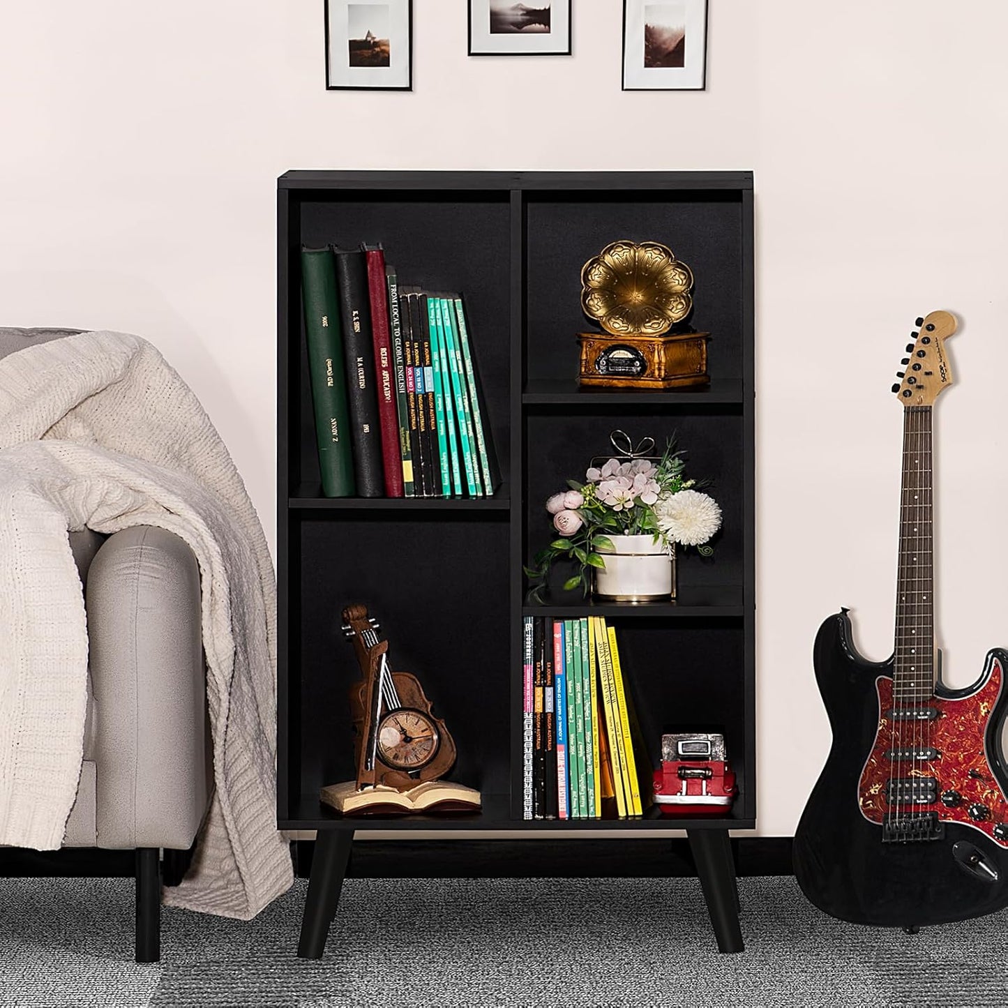 YAHARBO Small Black Narrow Bookshelf,3 Tier Modern Bookcase with Legs,Bookshelves Wood Storage Shelf,Rustic Book Shelves Cube Organizer,Display Bookcase