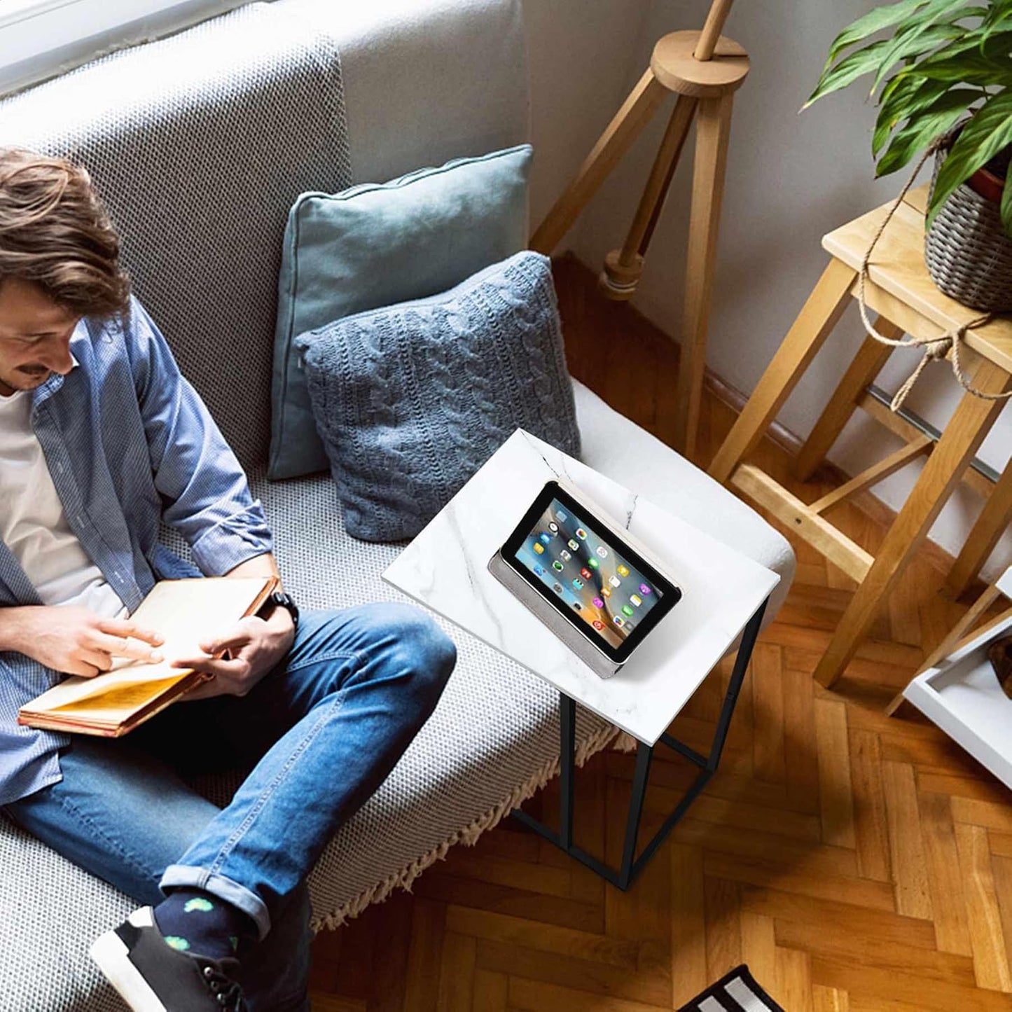 C Shaped Side Table Set of 2, Marble End Table for Sofa and Bed, Couch Table That Slide Under, Snack Side Table for Living Room, Bedroom or Small Spaces, White and Black