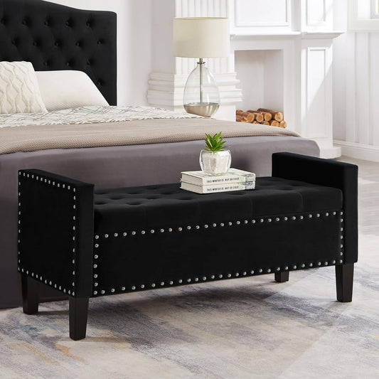 Velvet Storage Ottoman with Armrests and Nails Trim,Entryway Living Room Soft Padded Seat,Bed Bench Bedroom End of Bed,Black (48”L X 18.5” W X 22” H)