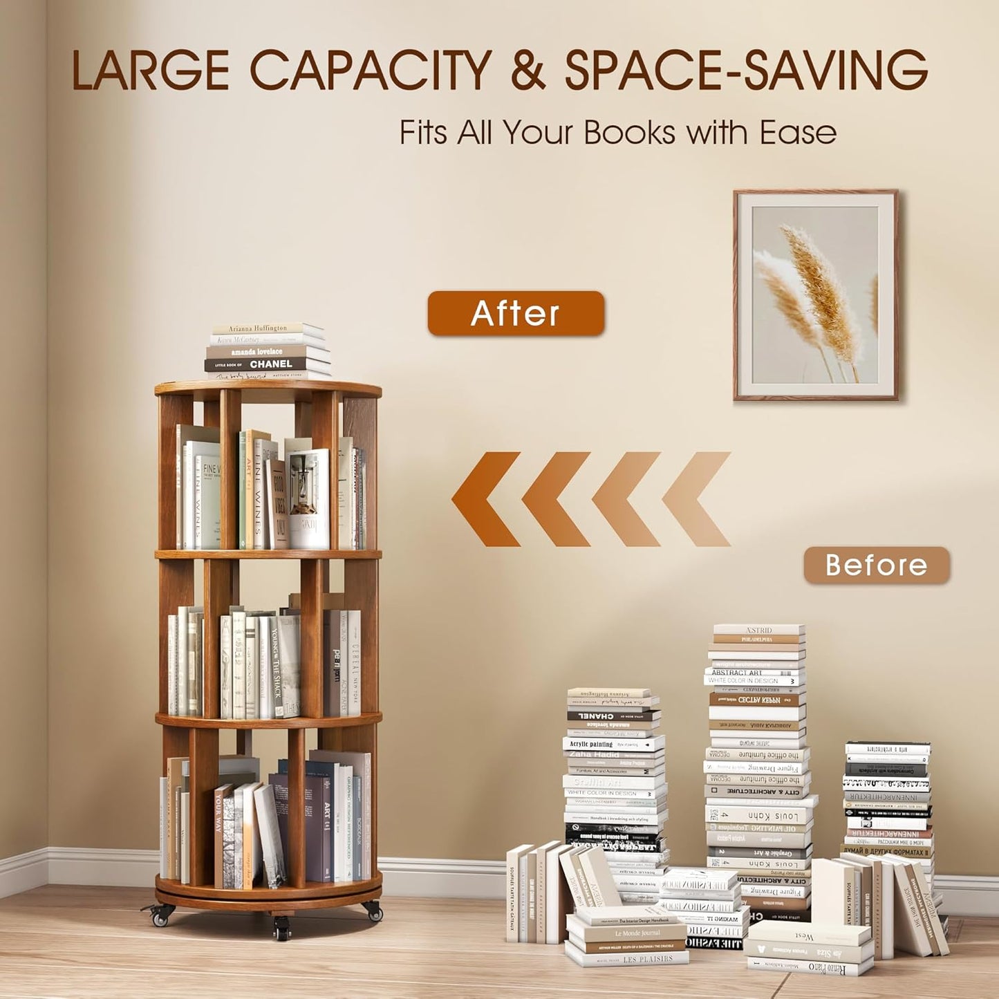 3 Tier Rotating Bookshelf Tower Spinning Bookshelf with Swivel Wheels Book Shelf Rotating Storage Tower for Kids Adult Narrow Walnut Solid Wood Revolving Bookcase Organizer for Bedroom Living Room