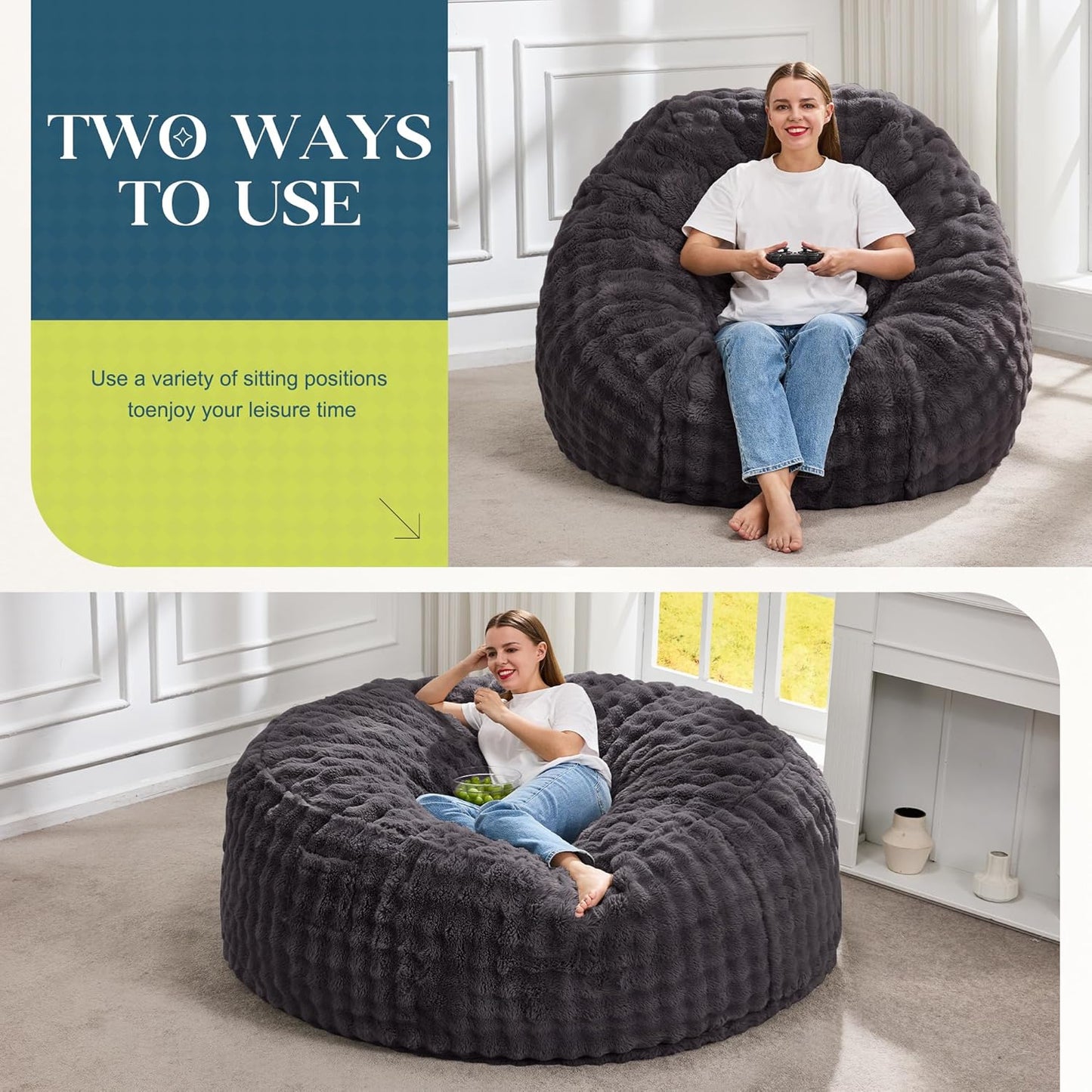 Hobestluk Bean Bag Chairs 5ft Beanbag Chair with Filler Adult Bean Bags with Fluffy & Machine Washable Cover, Giant Bean Bag Chairs for Adults (Dark Grey, 5FT-50" x 50" x 24")