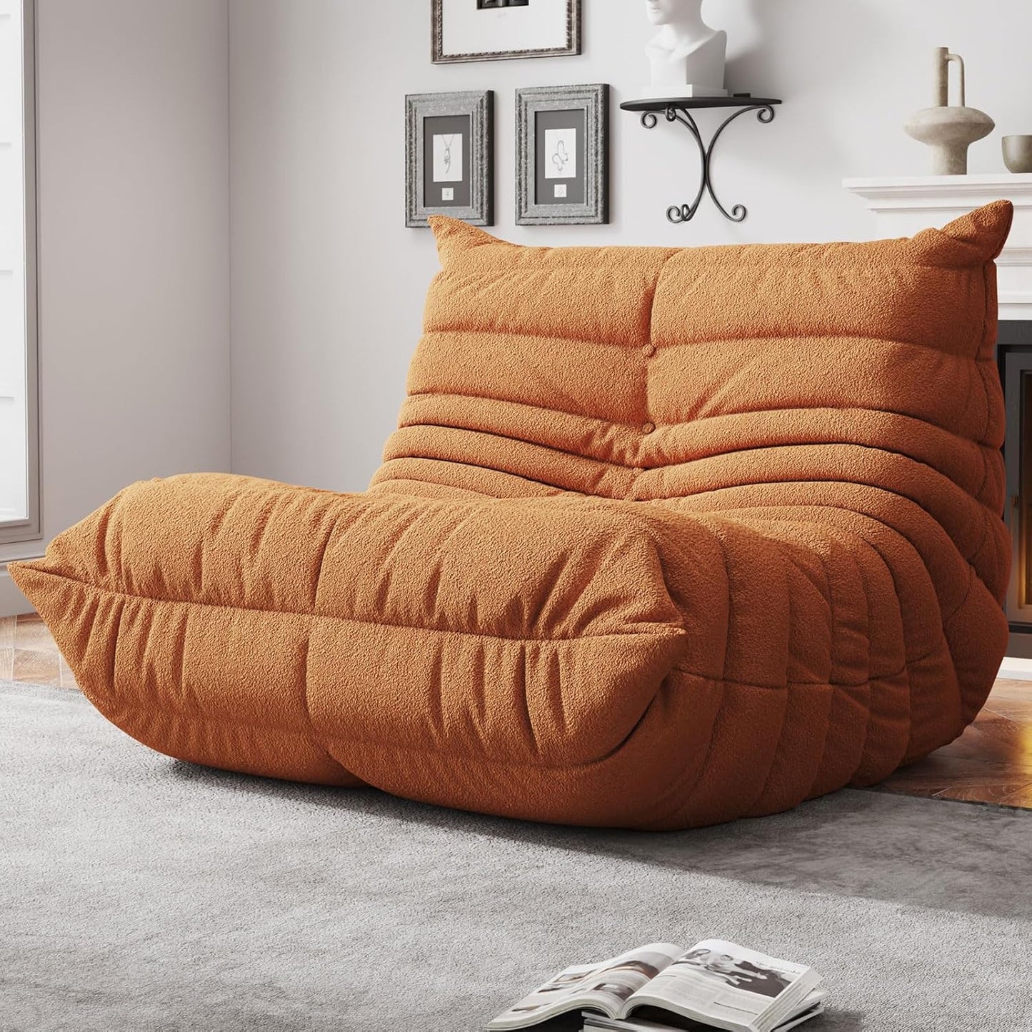 Bean Bag Chairs for Adults, BeanBag Reading Chair Memory Foam Couch, Floor Chair Soft Teddy Material, Comfy Reading Nook Chairs for Bedroom Living Room Office (Orange)