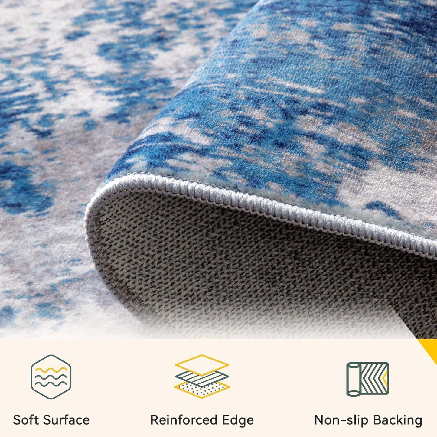 Washable Area Rugs 6'x9' Non-Slip Modern Abstract Soft for Living Room Entryway Bedroom Nursery, Print Pattern, Blue Grey Navy Gray