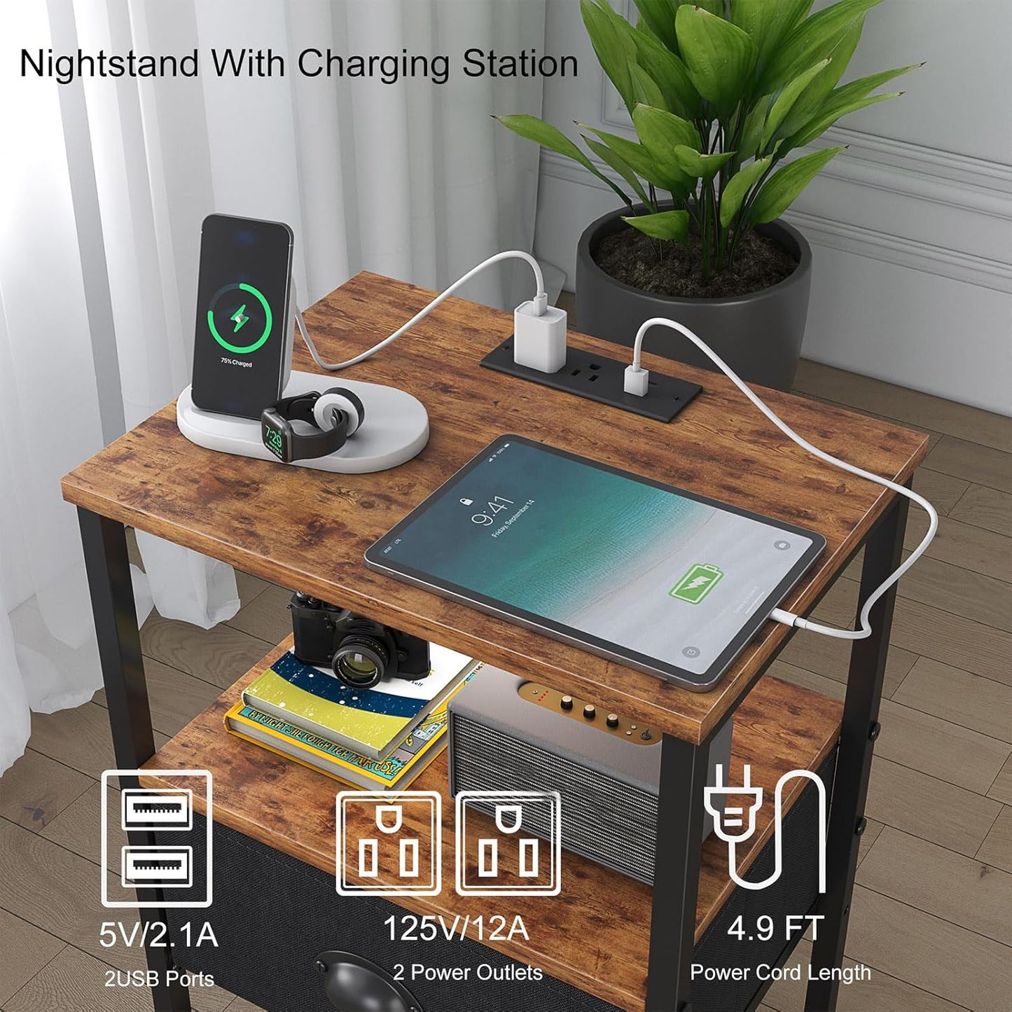 Sthmec Nightstands Set of 2, LED Bedside Tables with Charging Station and Fabric Drawer, Night Stand with Storage, 3 Tier Side Table with Open Shelf, LED Nightstands with Charging Station,Rustic Brown