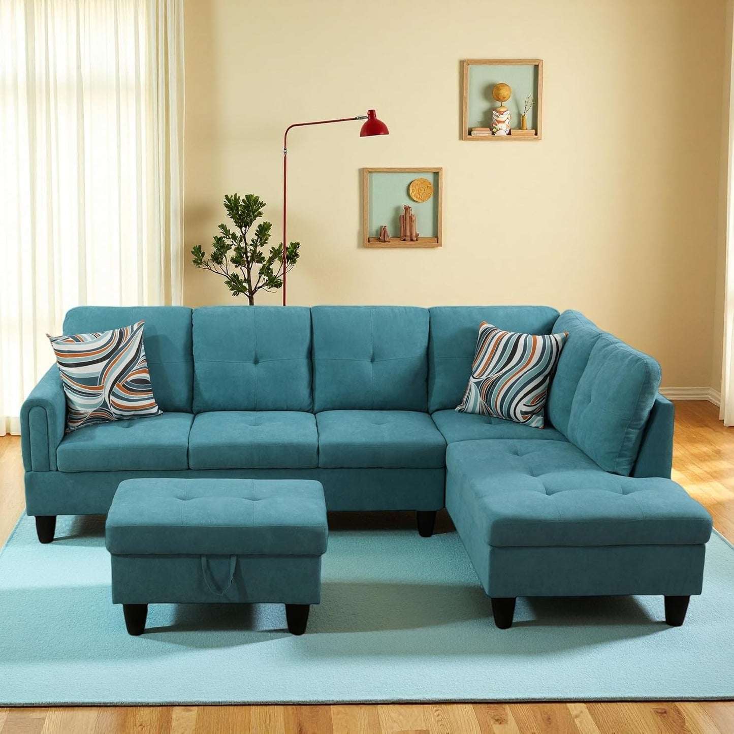 L-Shaped Sectional Sofa with Ottoman, Right-Facing Modern Microfiber Couch for Living Room, Bedroom, Office, Dark-Blue