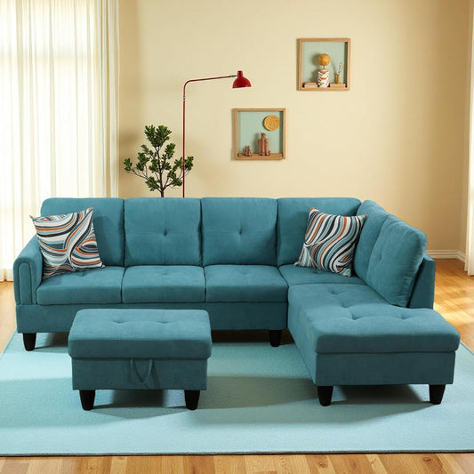 L-Shaped Sectional Sofa with Ottoman, Right-Facing Modern Microfiber Couch for Living Room, Bedroom, Office, Dark-Blue
