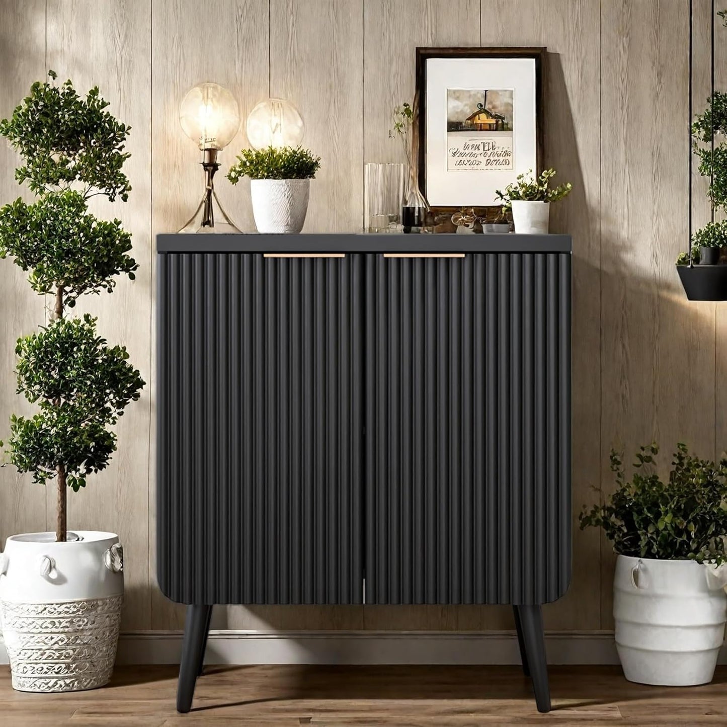 Buffet Cabinet, Sideboard Fluted Cabinet Modern Kitchen Buffet Storage Cabinets with Doors and Shelves, Wood Farmhouse Coffee Bar Station for Entryway & Dining Room & Living Room, Black