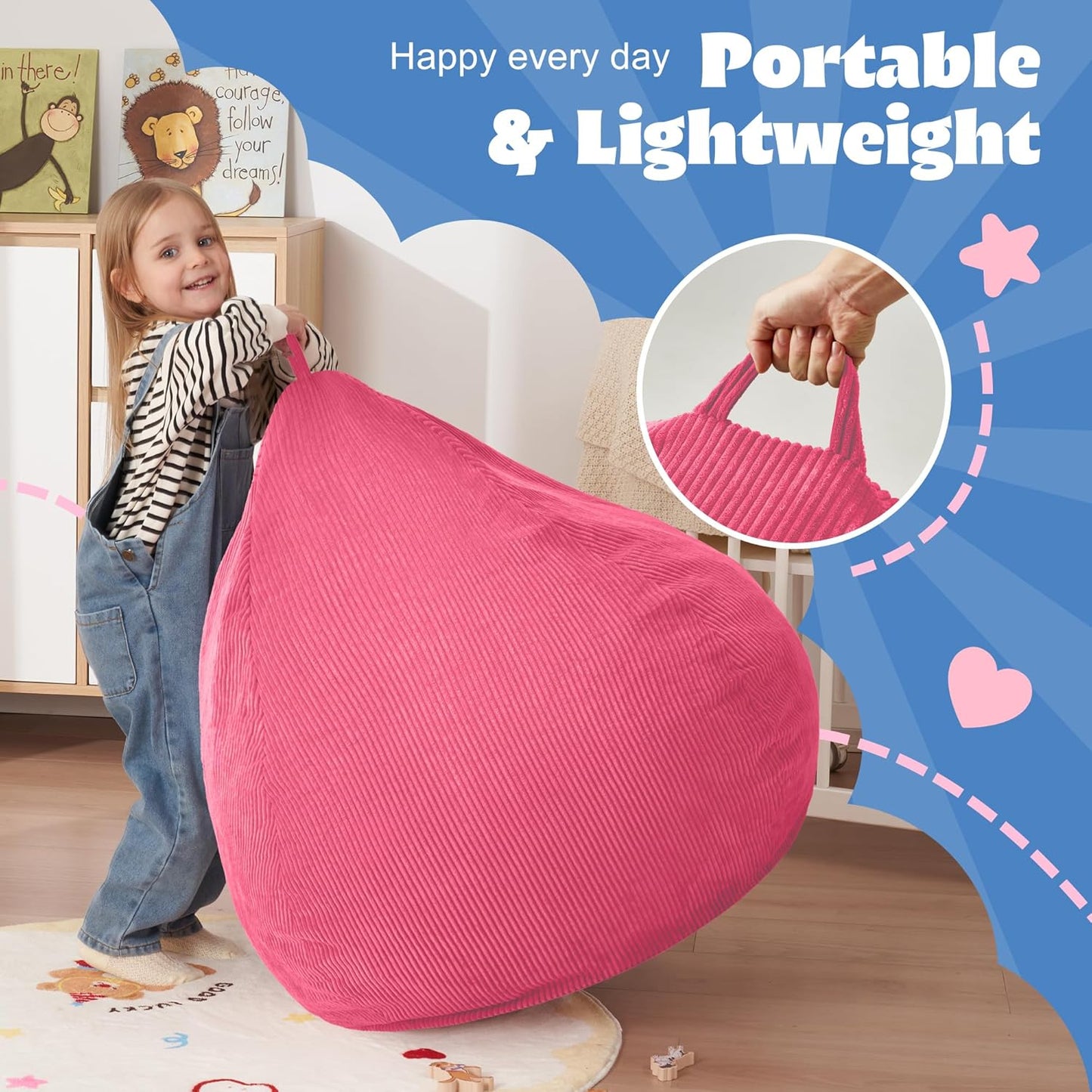 HABUTWAY 2 FT Bean Bag Chair,Giant Bean Bag Chairs,Big Bean Bags with Memory Foam Filled, Large Beanbag Chairs with Soft Corduroy Cover-Pink