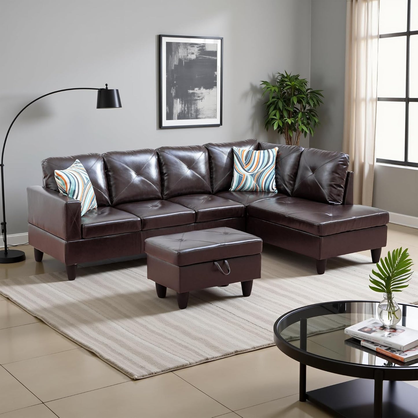 Couches for Living Room Faux Leather L Shaped Couch Comfy 3 Pieces Sectional Sofa with Chaise, Ottoman with Storage for Office and Small Apartment, Brown
