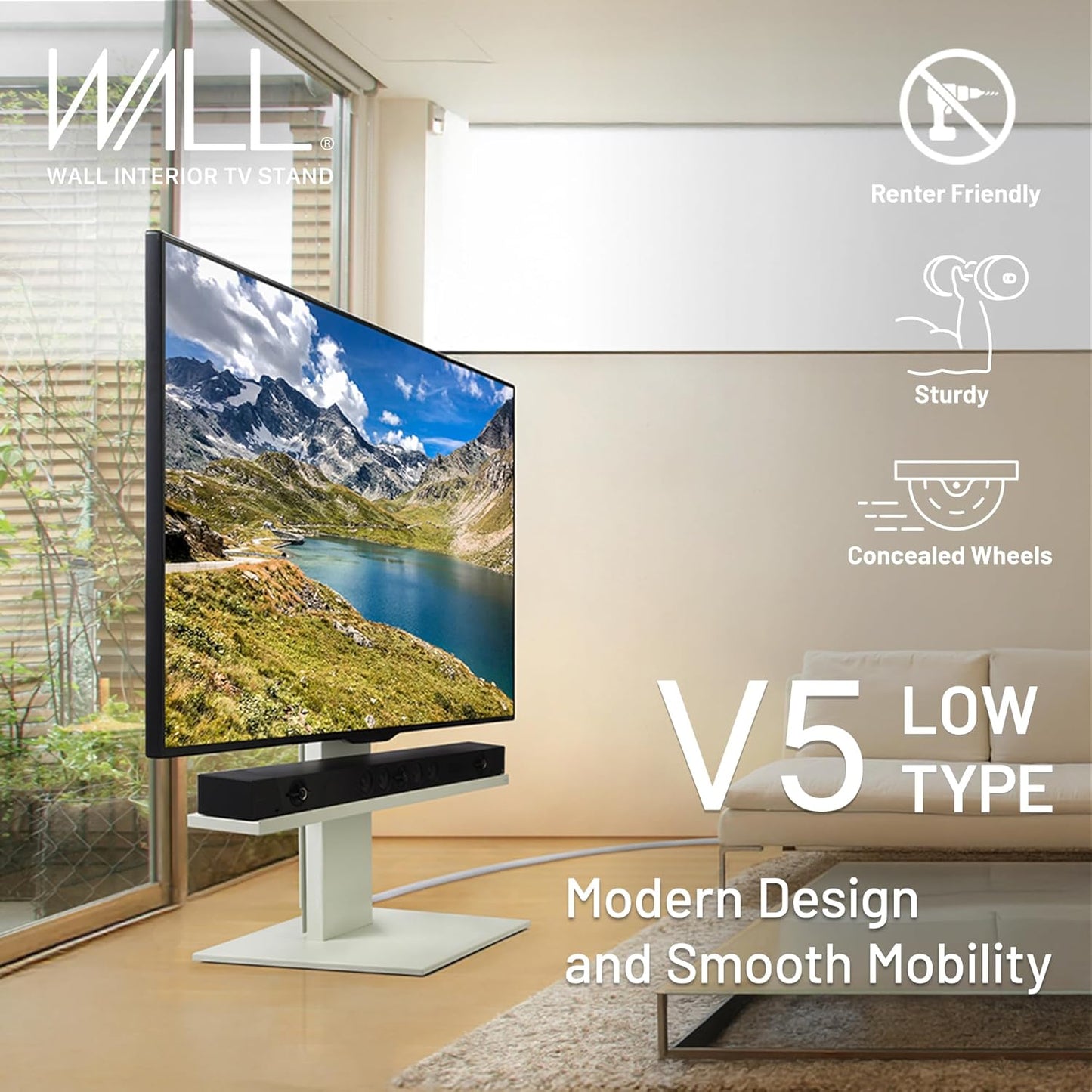WALL V5 Low Type | Minimalist Rolling TV Stand for 32–80 Inch | Satin White | Portable, Space Saving, Height Adjustable, No Drill | for Living Room and Bedroom | Japan-Engineered Design