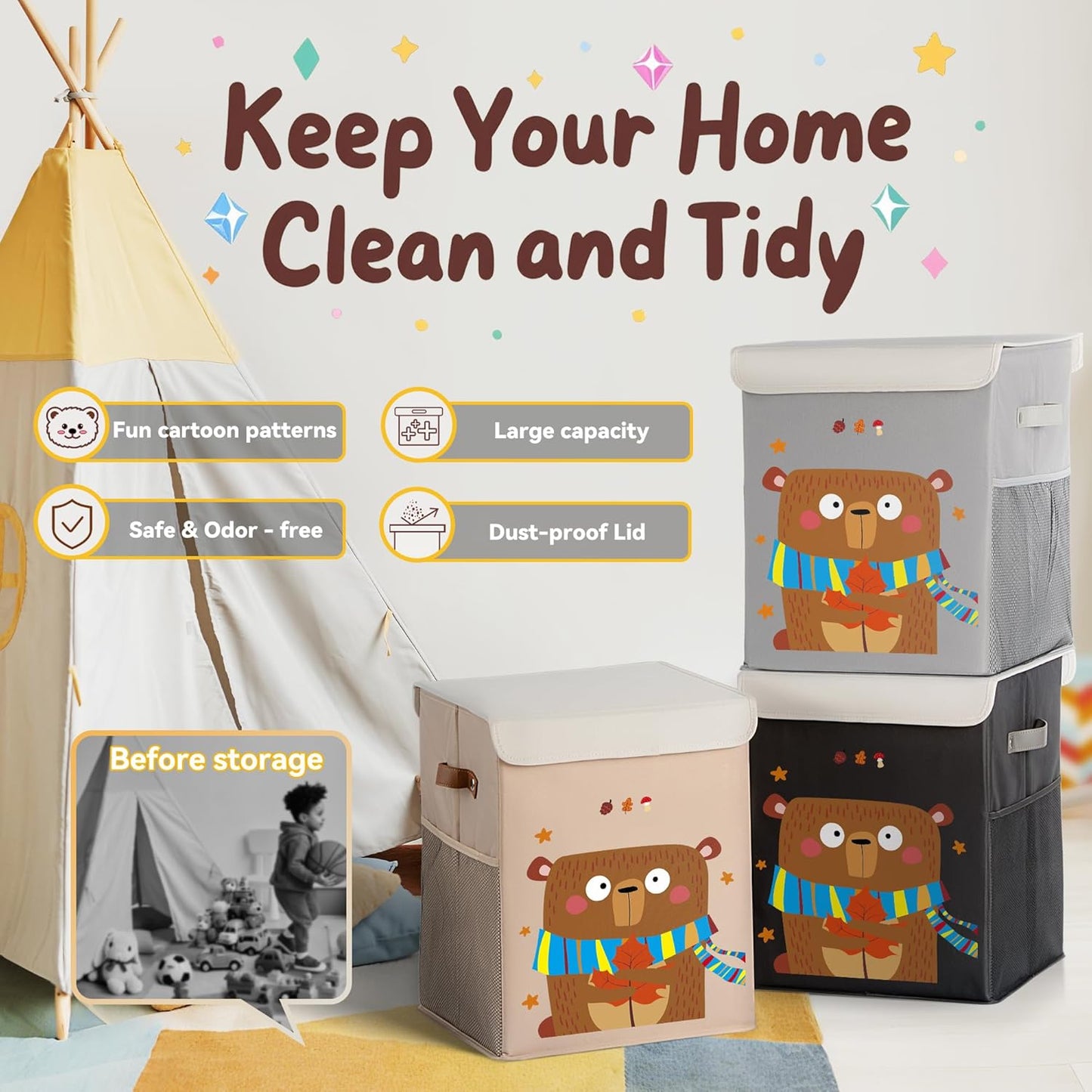 40L Large Toy Storage Box with Lid, Large Toy Box Chest for Kids, Girls and Boys, Nursery Room and Living Room, 13"x13" x16" (black-bear)