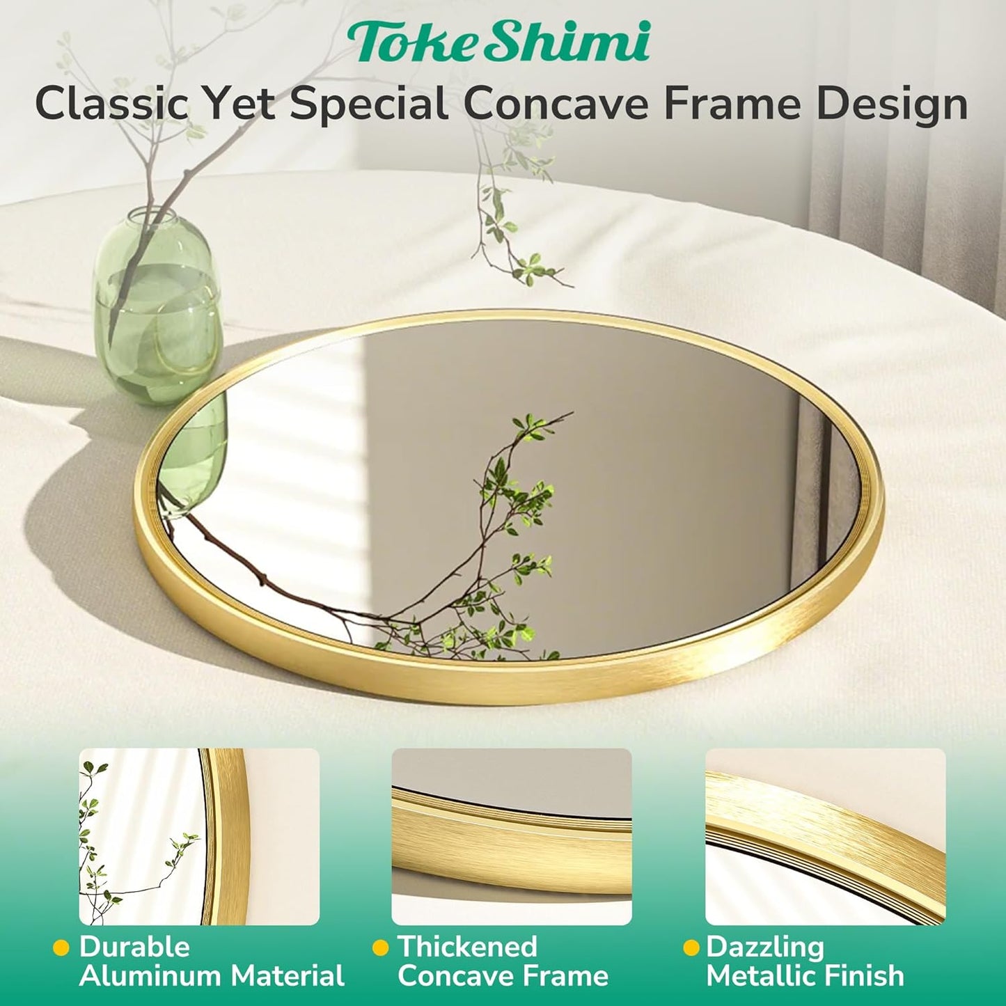 TokeShimi 18 in Brushed Gold Wall Mirror Framed Round Bathroom Mirror for Over Sink Shatterproof, 18 x 18 Farmhouse Mirror Circle Metal Wall Mirrored for Living Room, Entryway, Bedroom, Vanity