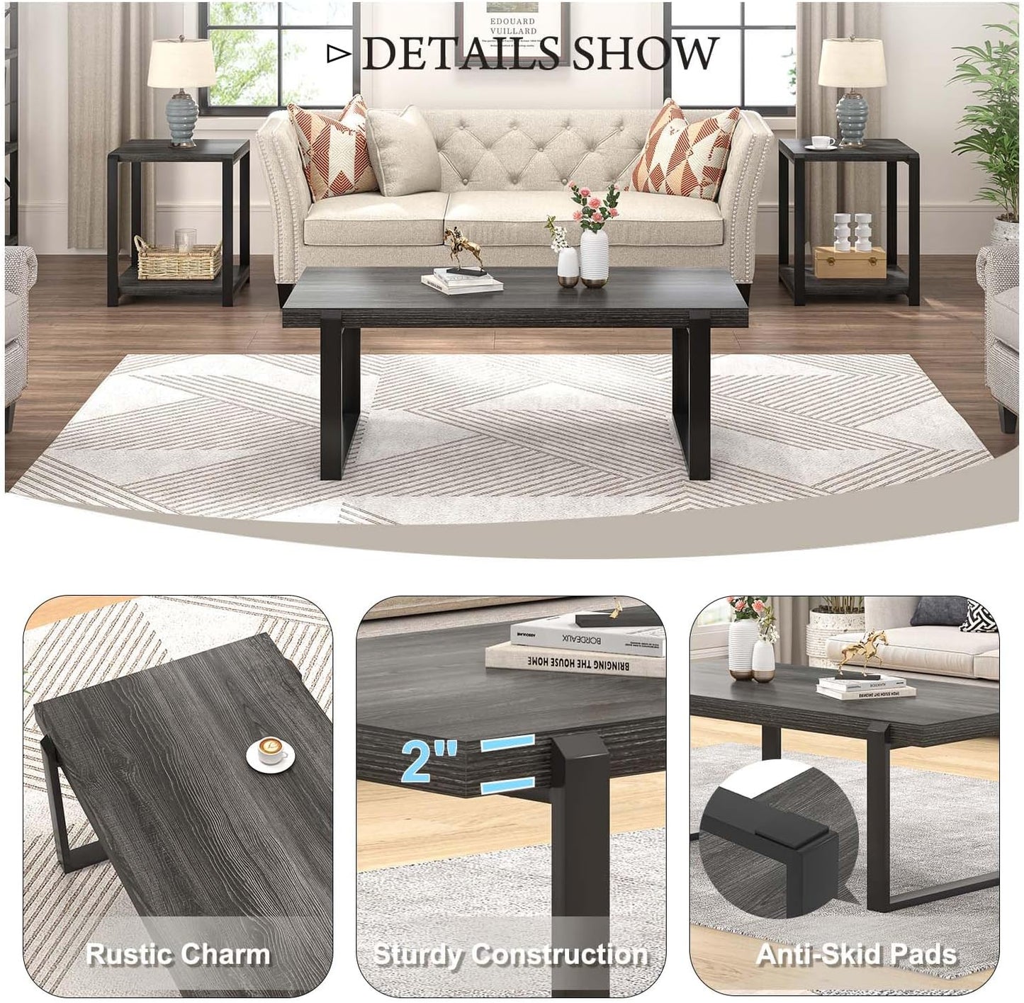 FOLUBAN Industrial Coffee Table, Rustic Wood and Metal Center Table, Modern Rectangle Cocktail Tea Table for Living Room, Dark Gray, 47 Inch