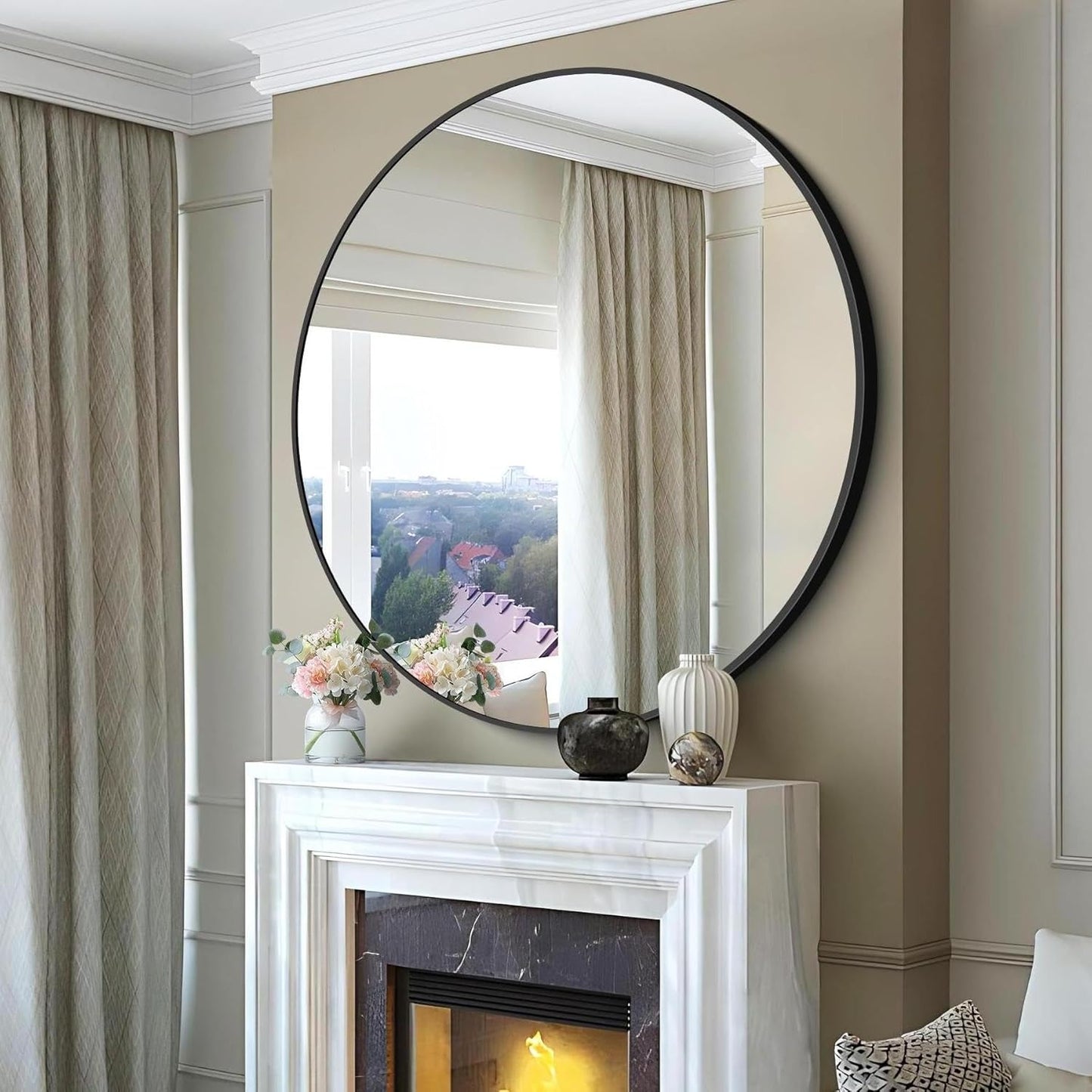 Black Round Mirror, 48 inch Large Circle Mirrors, Oversized Round Bathroom Mirrors, Aluminum Metal Frame Big Round Mirror, Huge Circluar Wall Mirror for Bathroom Living Room Entryway Bedroom
