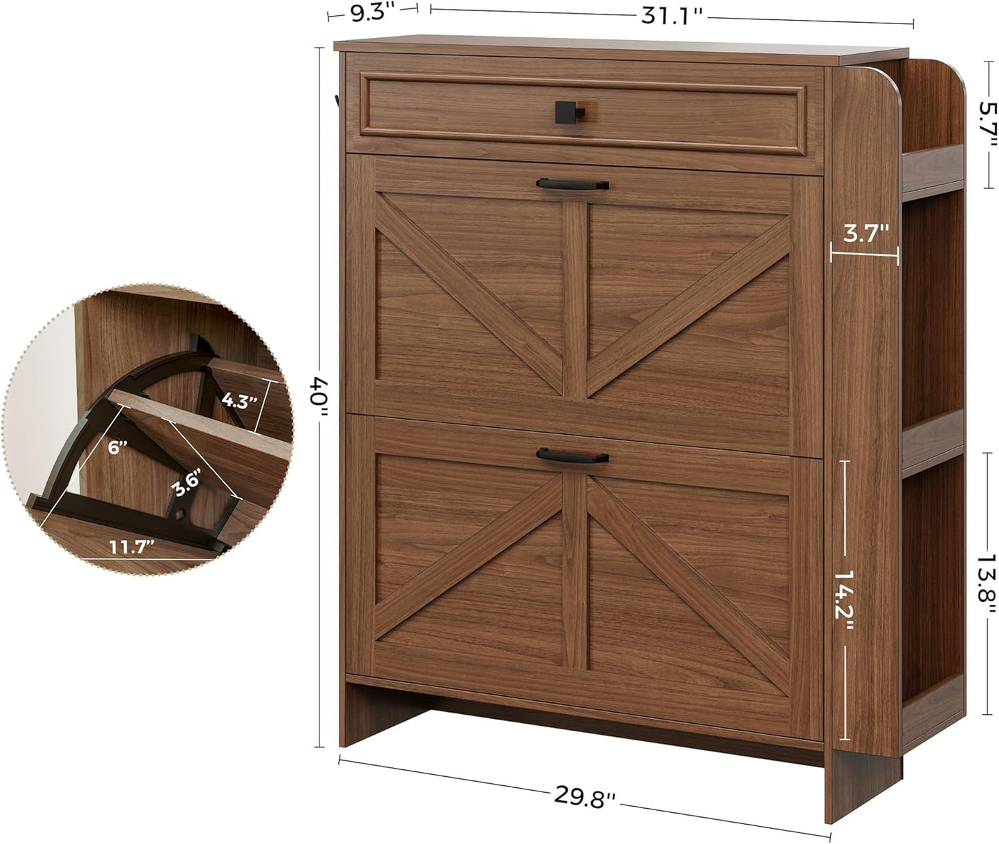 IRONCK Shoe Storage Cabinet with 2 Flip Drawers & Barn Door Design, Freestanding Shoe Cabinet Organizer with Drawer and Shelves for Entryway, Farmhouse Shoe Rack Cabinet,Dark Walnut