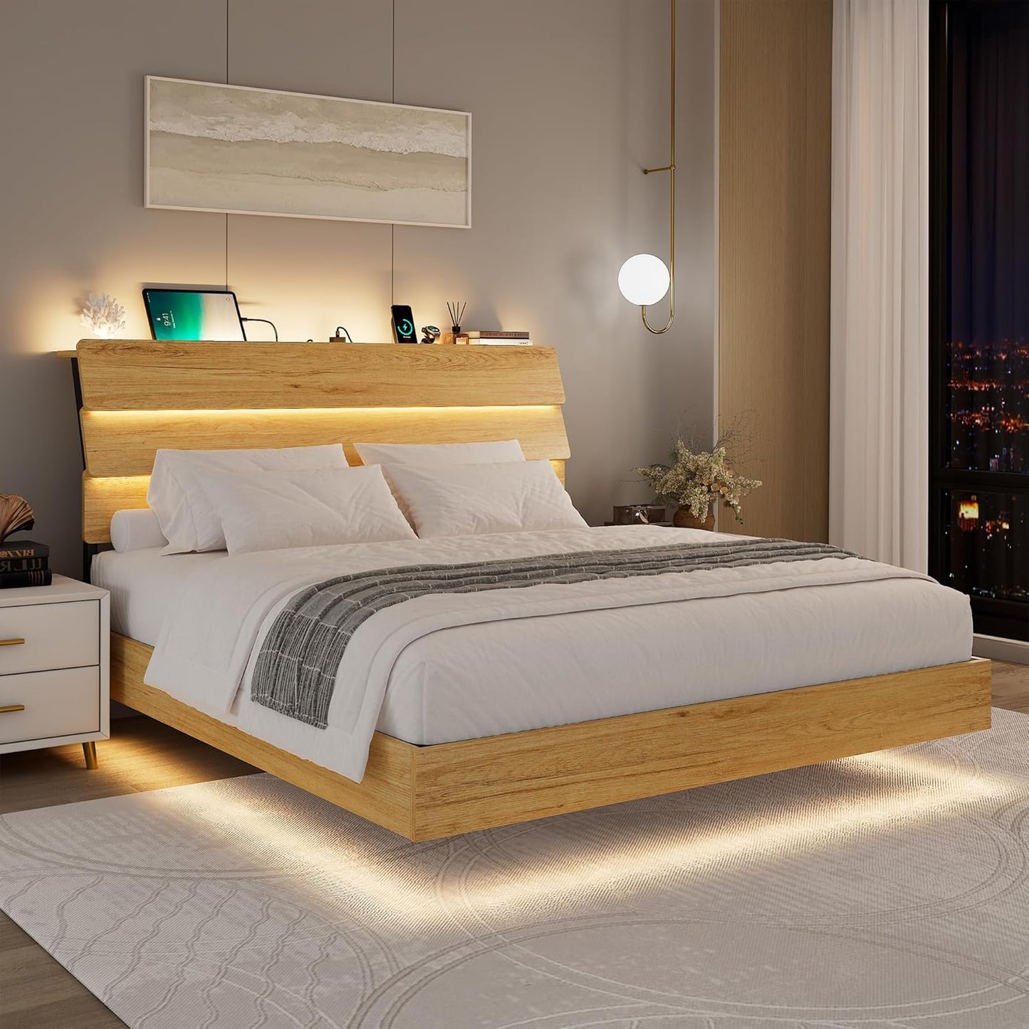 Feonase Floating Bed Frame Queen with Led Lights and Charging Station, Wood Full Size Bed Frame with Storage Headboard, Heavy Duty Metal Slats, No Box Spring Needed, Easy Assembly,Oak