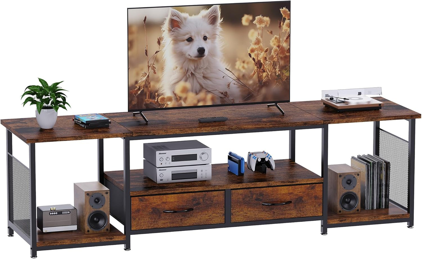 TV Stand with Drawers and Open Storage Shelves for 75 70 65 Inch TV, Entertainment Center with Open Storage Shelves, Industrial Media TV Console Table for Living Room Bedroom Office, Rustic Brown