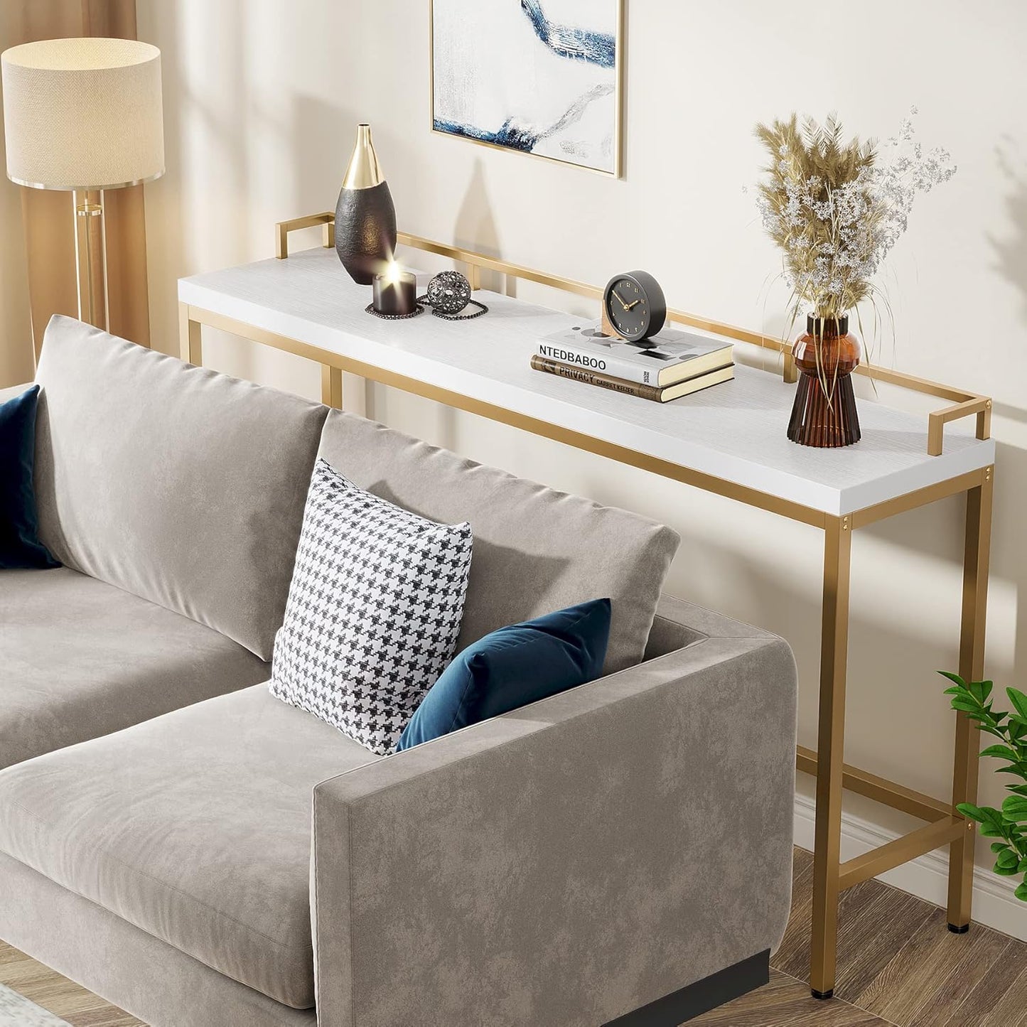 Tribesigns 70.9 inch Extra Long Sofa Table, Narrow Console Table Behind Couch, Modern Entryway Table Skinny Hallway Table for Living Room (White+Gold)