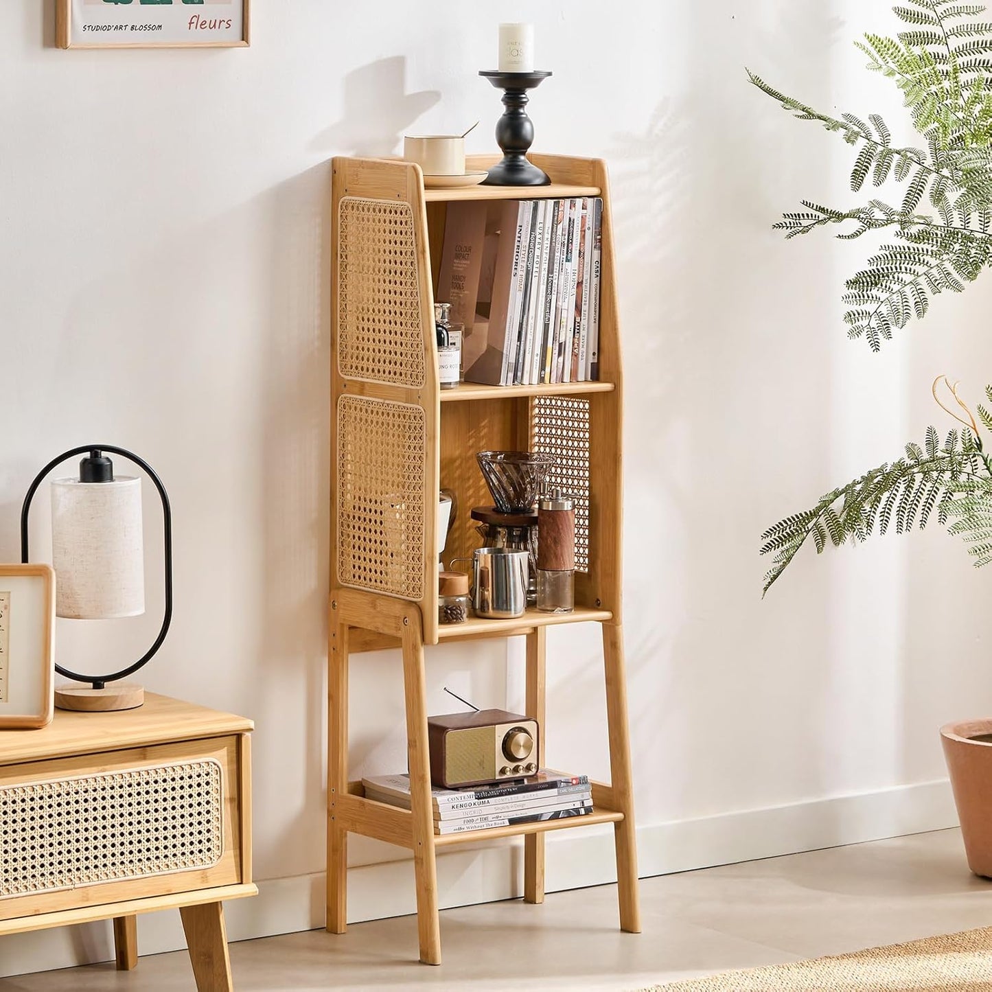 Welnow Bamboo Rattan Bookcase with Cabinet, 2-Tier Storage Shelf with Side Table & End Table Function, Large Modern Wood Organizer for Living Room or Bedroom, Natural Bookshelf