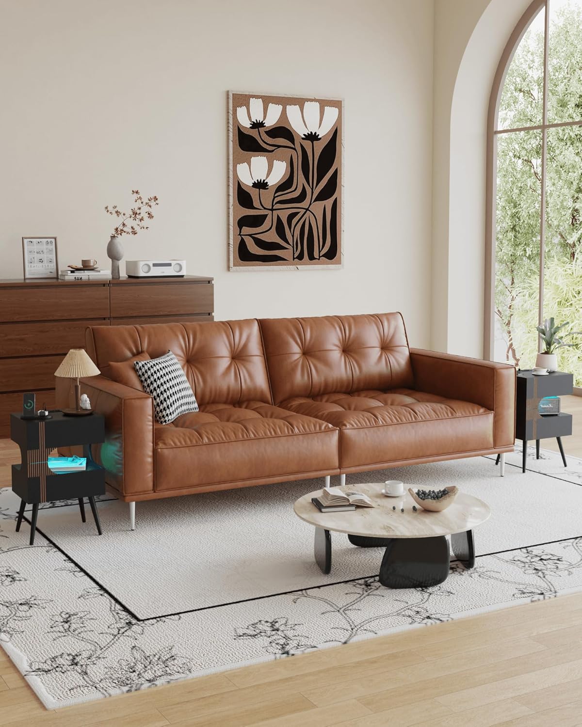 Black Nightstand with Charging Station and LED Lights,Modern Bedside Table with 2 Storage Drawer,Night Stand with Solid Wood Legs,White (Black-2)