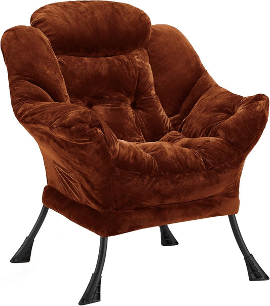 Fabric Lazy Chair for Adults, Oversized Upholstered Sofa Chair, Plush Comfy Lounge Chair with Large Side Storage Pocket, Thick Padded Reading Chair for Living Room, Bedroom, Study Room, Brown