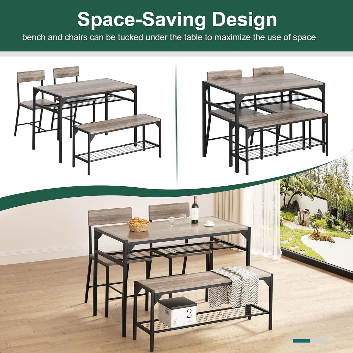 Shintenchi Kitchen Table Chairs Set of 4, Dining Table Set for 4 with Bench and Chairs, 4 Pieces Kitchen Table Set with Storage Rack & Metal Frame for Small Space, Gray