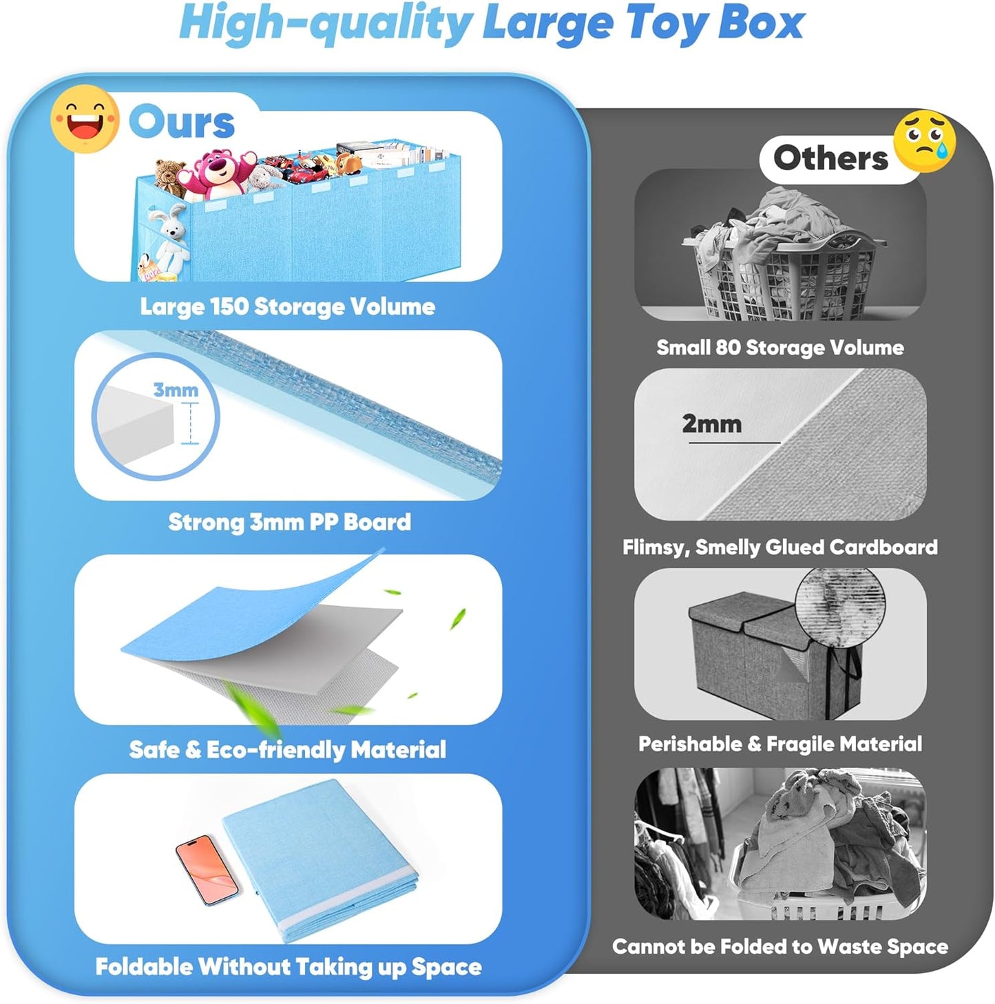 Extra Large Toy Box, Toy Box for Kids Boys Girls, Collapsible Sturdy Toy Storage Organizer with Mesh Pockets, 40"x14"x16" Kids Toy Chest Boxes Bins Baskets for Nursery, Playroom, Blue