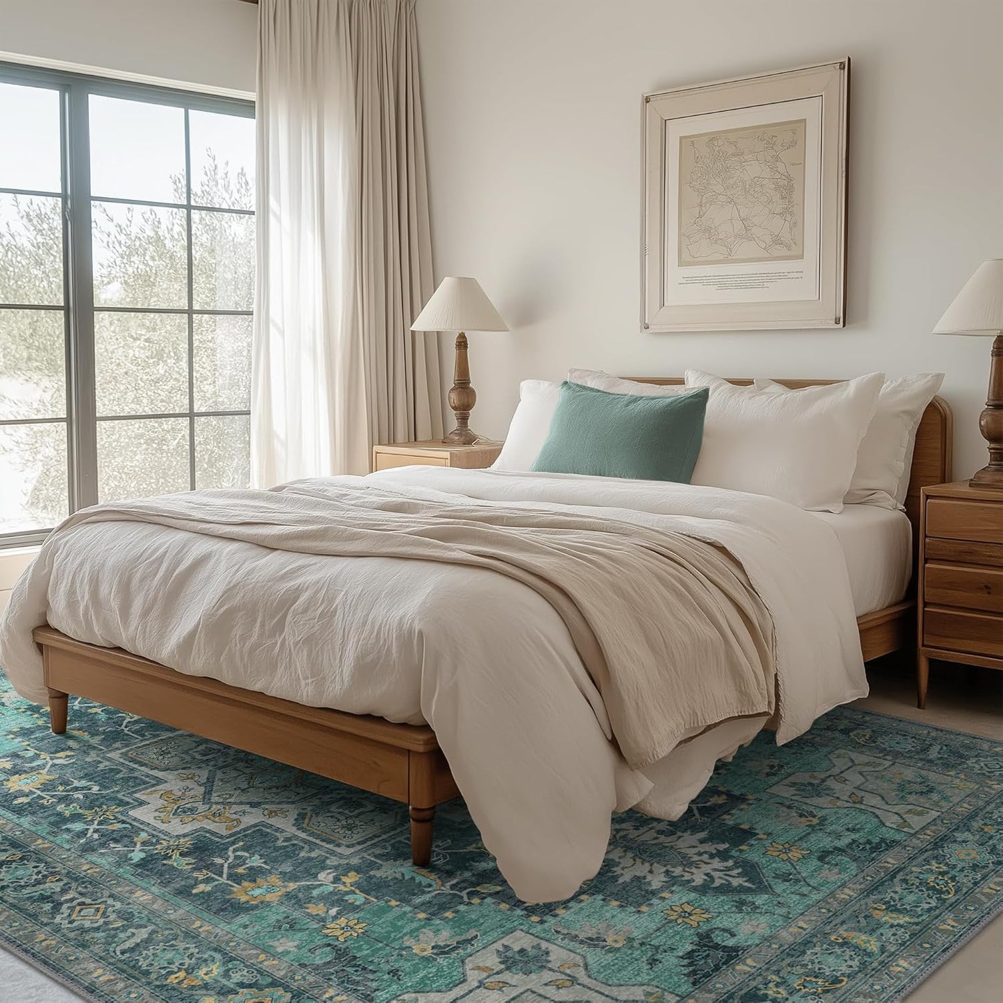 GENIMO 10x14 Area Rugs for Living Room, Machine Washable Non Slip Vintage Rugs, Low Pile Lightweight Chenille Print Rug for Bedroom, Dining Room, Home Office, Dark Green