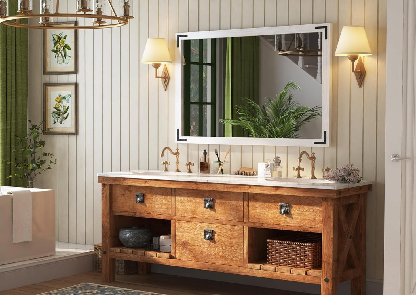 VocalStar White Wood Framed Mirror 48 x 32 Inch, Rustic Natural White Wooden Rectangle Bathroom Vanity Wall Mirror for Farmhouse Boho Decor, 1/4-inch Shatterproof Glass | Waterproof