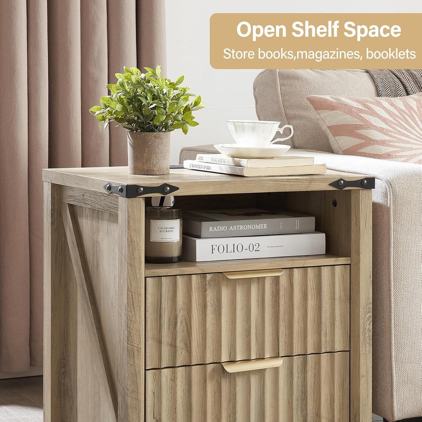 Fluted Nightstand with Charging Station Set of 2-20 Inch Wide Farmhouse Bedside Table with 2 Drawers, Modern Wood End Side Table for Bedroom Study Storage Sunwashed Ash Oak