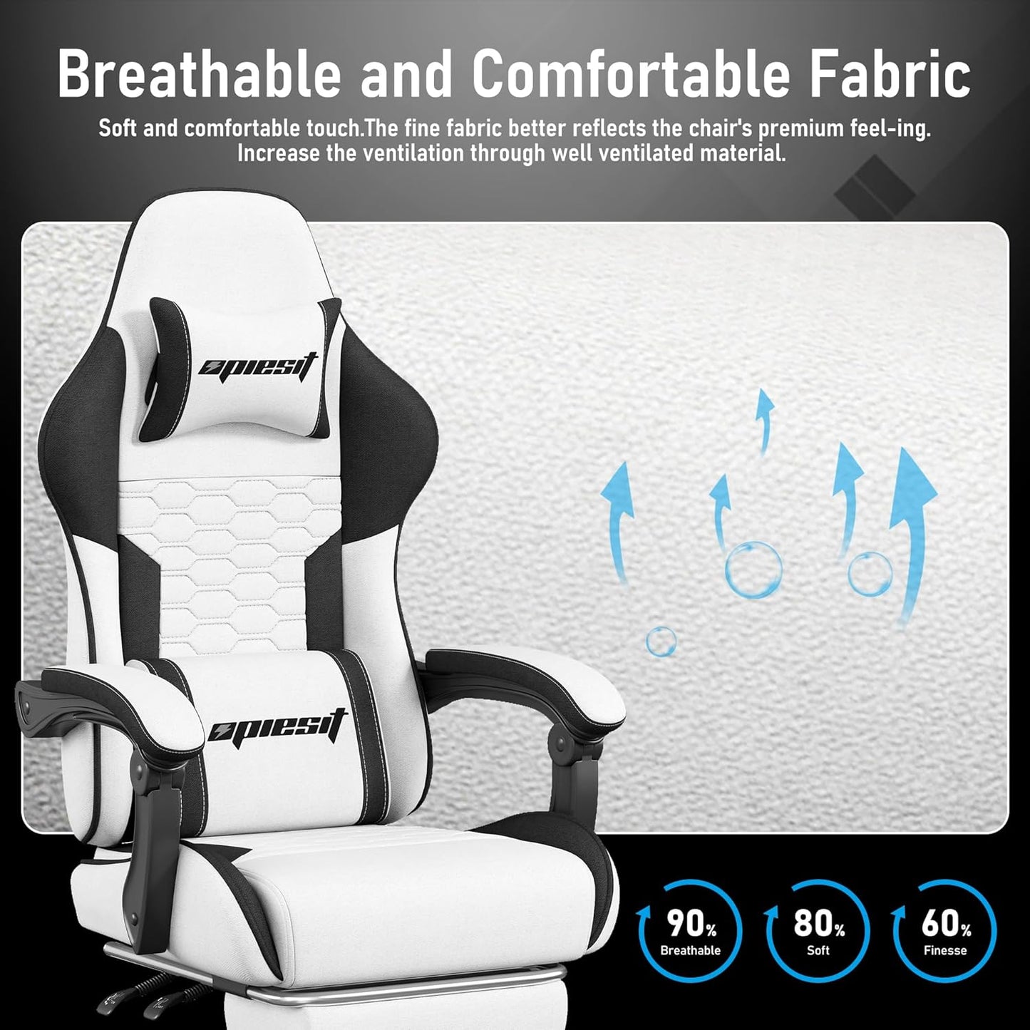 Gaming Chair, Computer Chairs for Adults with Lumbar Support and Massager, Comfortable Gamer Chair with Footrest & Pocket Spring Cushion, Ergonomic Home Office Chair, White, Fabric