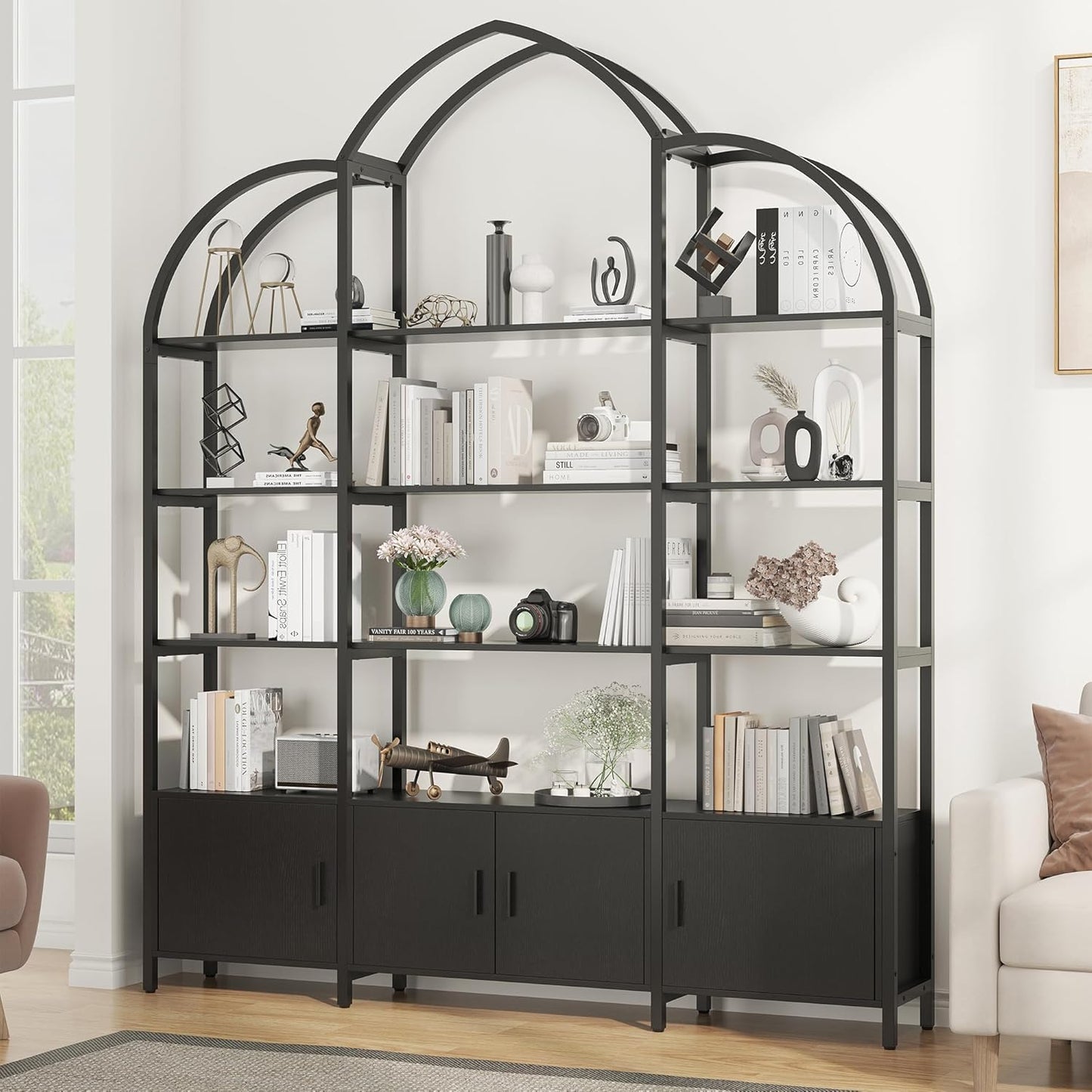 Triple Wide 5 Tier Tall Arched Bookshelf and Bookcase with 3 Cabinets, Industrial Metal Etagere Open Bookshelf, Wood Standing Book Shelf with Black Metal Frame for Bedroom Living Room